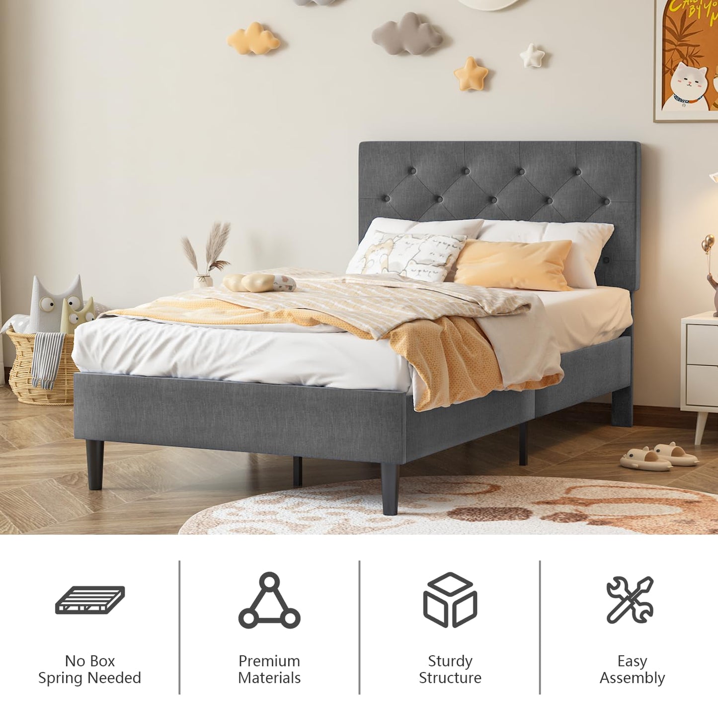 Lullabyre Twin Bed Frames for Kids, Upholstered Platform Bed Frame, Upholstered Bed Frame with Tufted Headboard, No Box Spring Needed, Easy Assemble, Grey