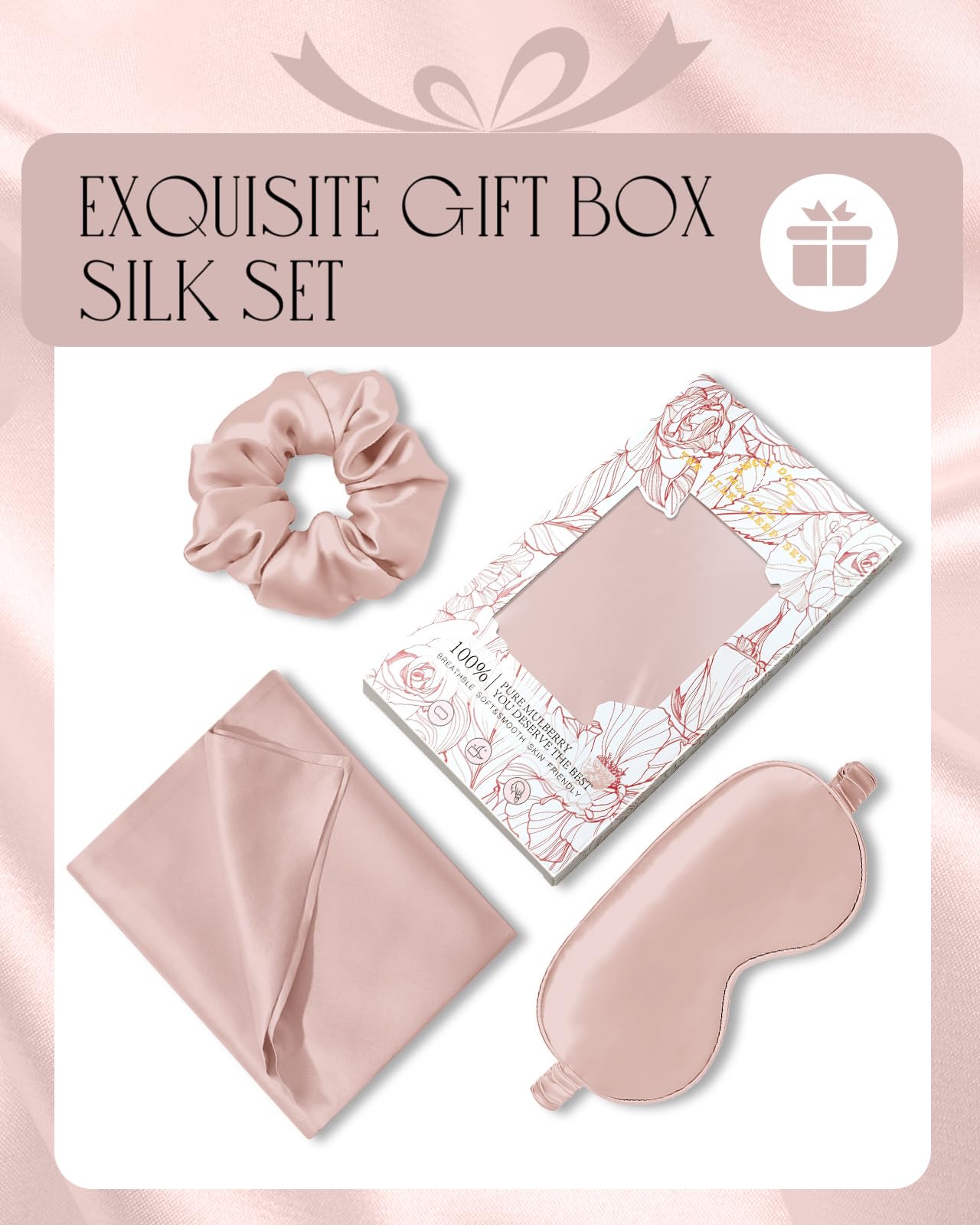 Miss Adola Mulberry Silk Pillowcase Set - 1 Pc Silk Pillowcase with Eye Mask & Scrunchie, Soft Standard 20"x26" Pillow Case for Hair and Skin, Sleeping Gift for Women, Blush Pink
