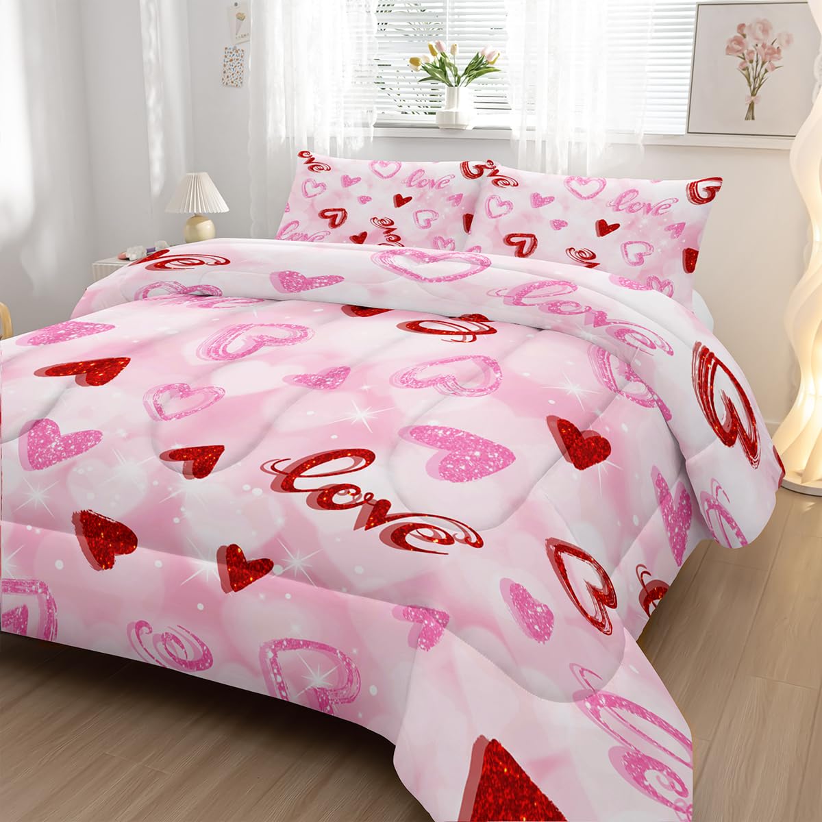 Nttopship Pink Love Heart Comforter Bedding Set with 2 Pillowcase Twin Size Pink Girl Comforter Set for Kids Boys Girls Bedroom Decor