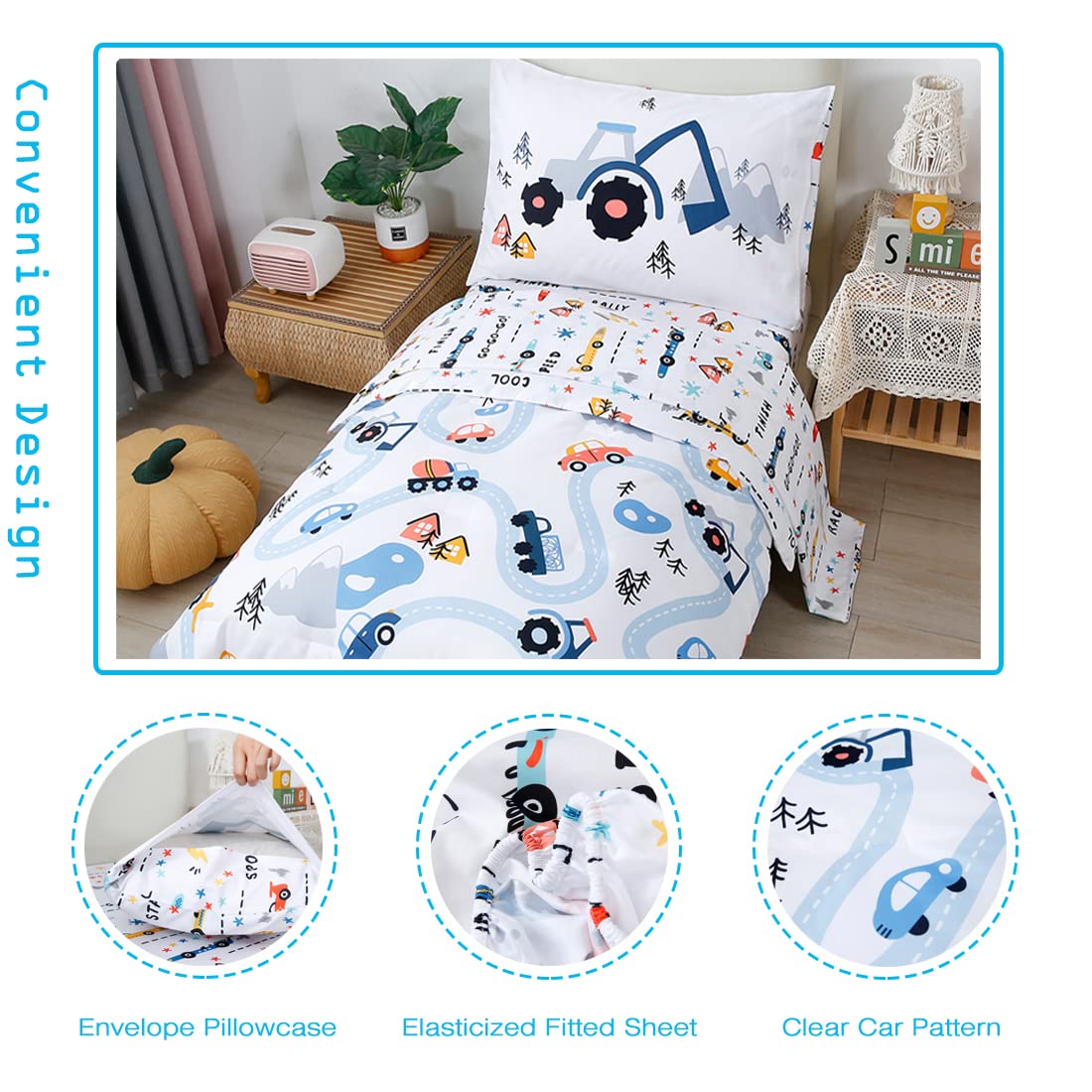 PERFEMET Car Toddler Bedding Kids 4 Pieces Bed in A Bag for Boys Vehicles Truck Toddler Girl Comforter Sets with Bed Sheets Modern Bedroom Collection, White