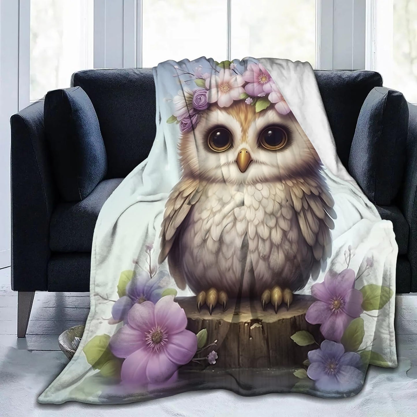 SARA NELL Cute Owl Floral Flower Flannel Throw Blanket, Soft Plush Kids Funny Animal Print Birthday Ideas, Magic Pink Purple, 40 in x 50 in