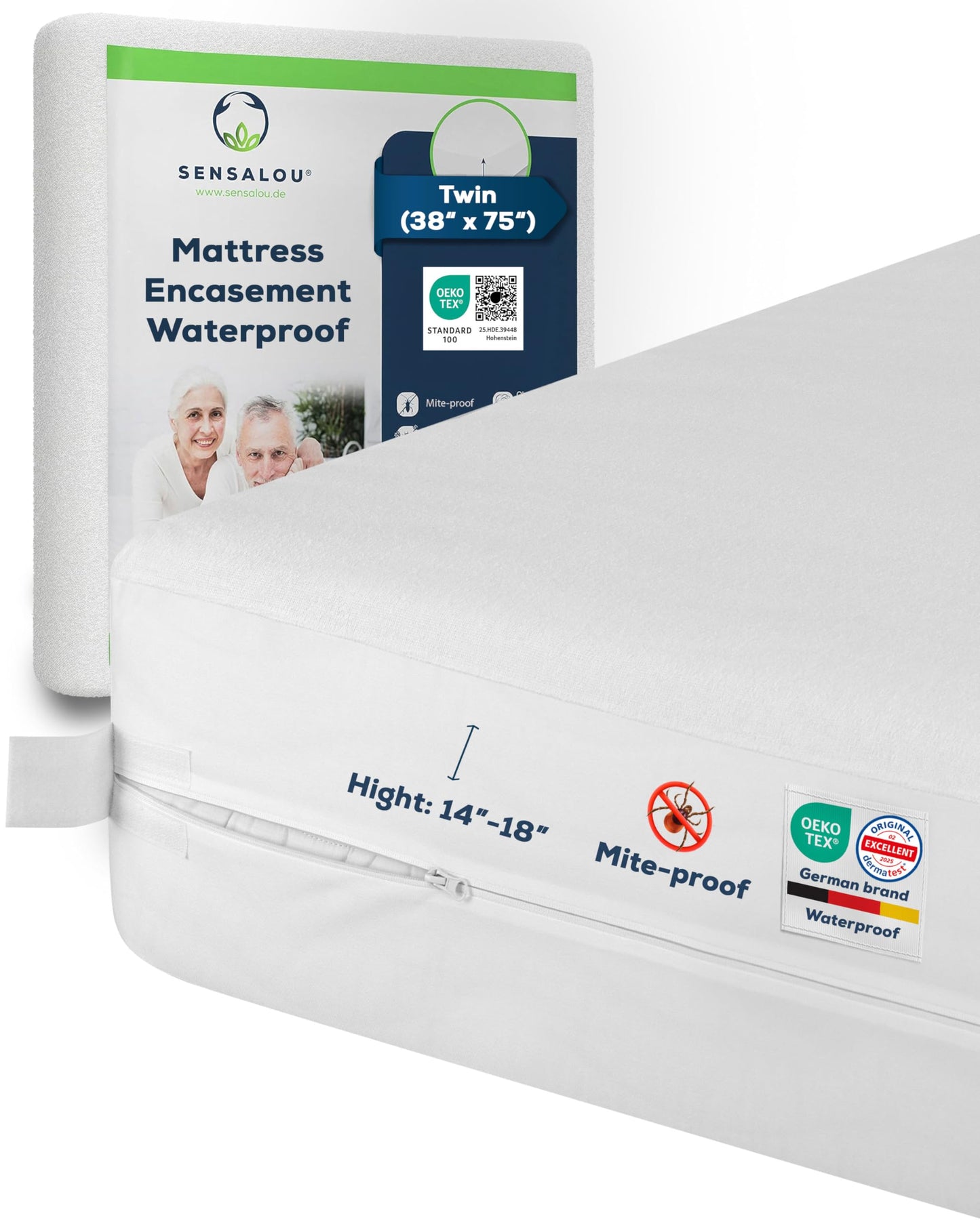 Sensalou Mattress Encasement Waterproof Twin – 5-Sided Terry Cover for Kids & Teens - Zipper Closure - Noiseless & Soft, White - Oeko-Tex & Dermatest Certified, Fits 18"