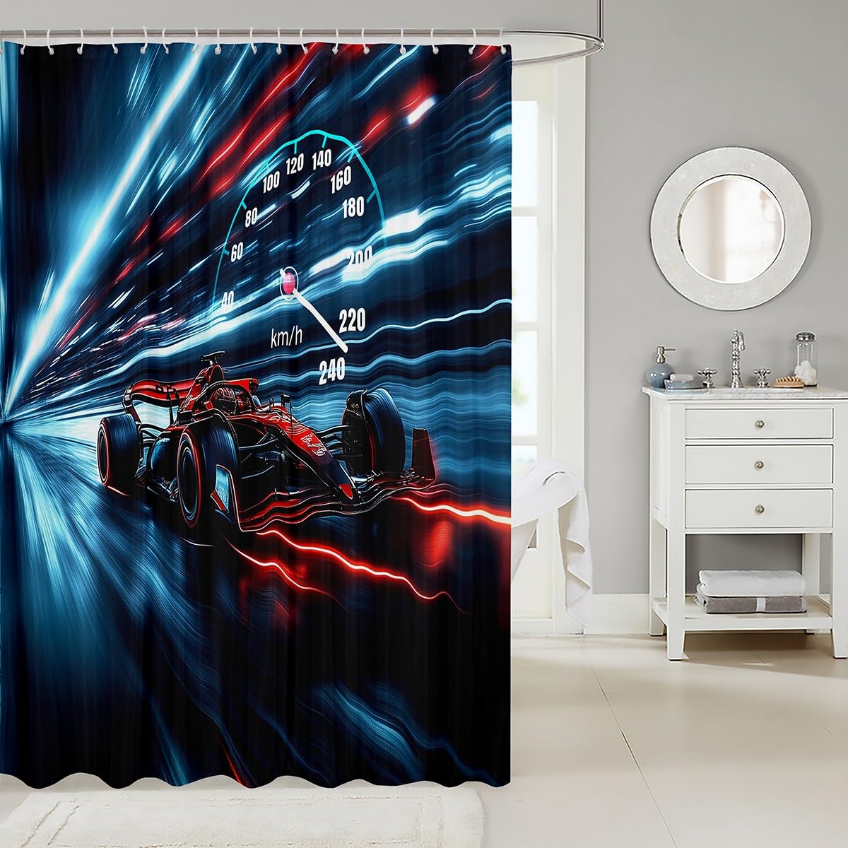 Feelyou Race Car Shower Curtain 72"x78" Speed Sports Car Bath Curtain for Boys Girls Teens Racing Bath CurtainExtreme Sports Code Table Kids Bathroom Accessories Automobile