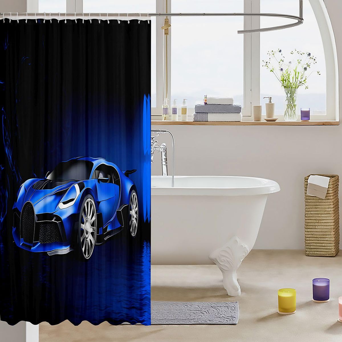 Feelyou Sports Car Shower Curtain Blue Race Car Fabric Shower Curtains Kids Boys Extreme Sports Bathroom Waterproof Accessories with 12 Hooks Cool Decor Curtains,72x72 Inches