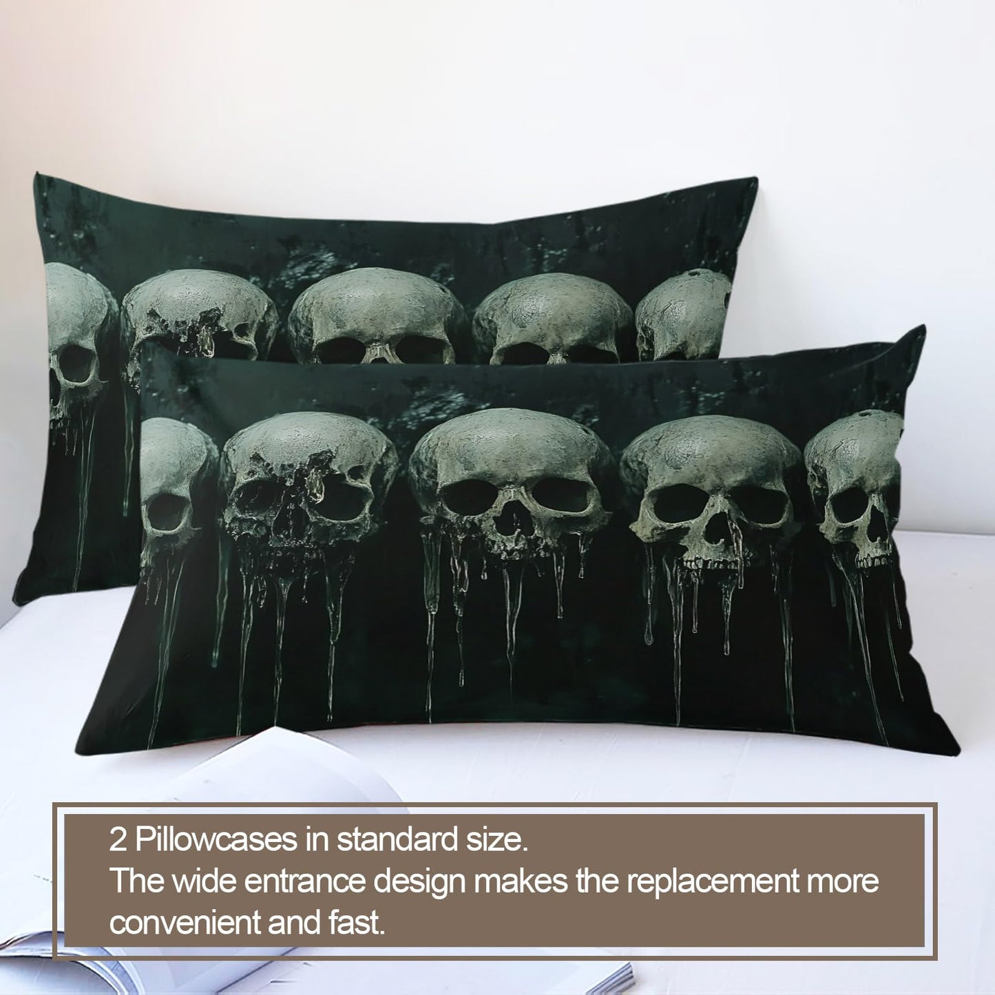 PAISUOQ Gothic Bedding, Gothic Skull Comforters Queen Size, Dark Black Skull Duvet Cover with 2 Pillowcases, 3 Pieces with Zipper & Ties, Home Decor & Gifts