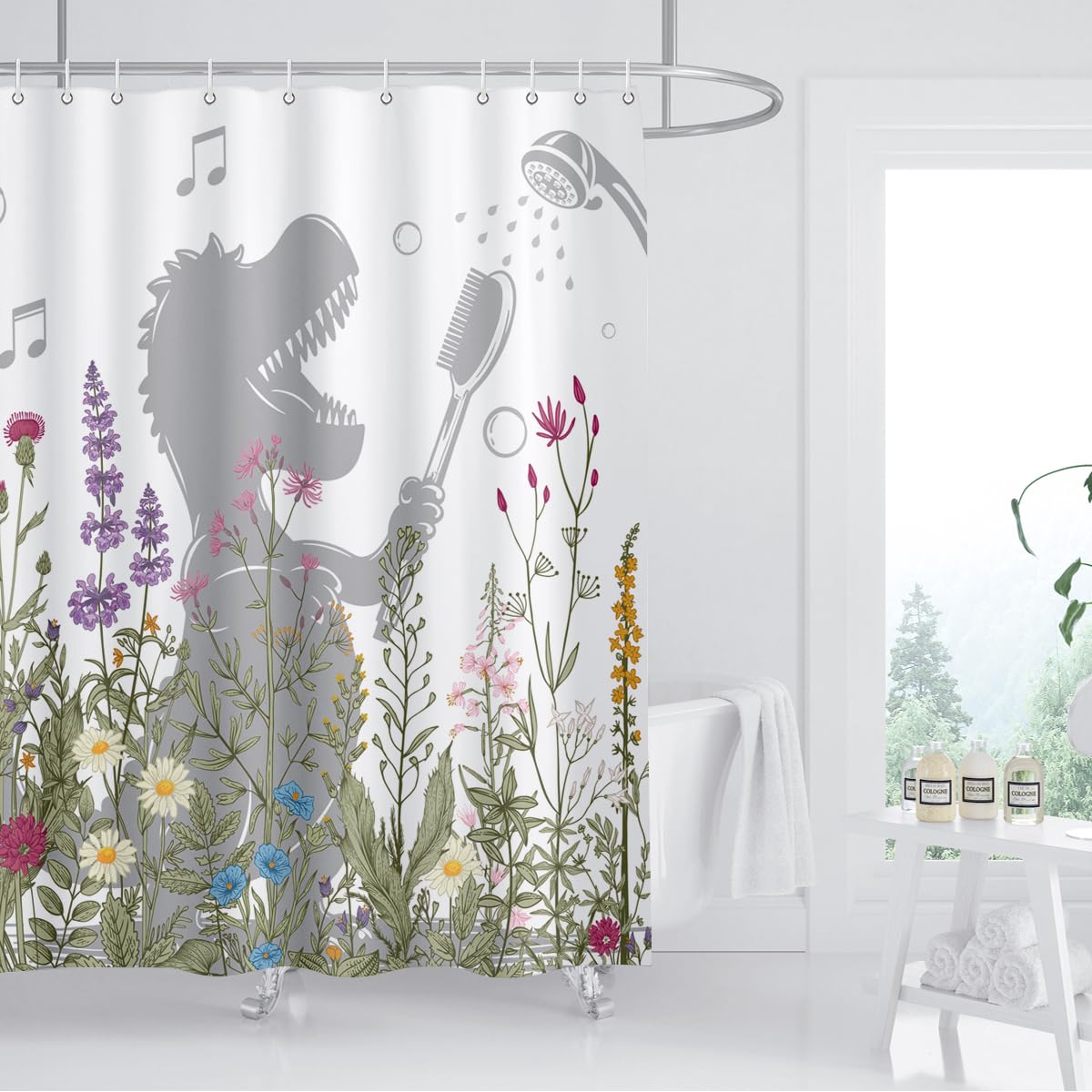 BIYSUC Dinosaur Shower Curtain Funny Dino Sing Bathe Behind Wildflowers Trex Silhouette Shadow for Kids Bathroom Home Decor Waterproof Polyester Fabric 72Lx72W Inch with Hooks