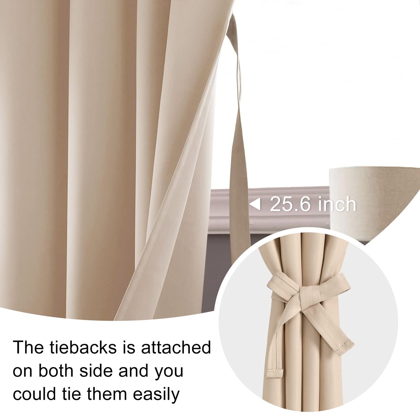 JIUZHEN Blackout Curtains for Bedroom– Thermal Insulated,Noise Reducing Room Darkening Rod Pocket Curtains for Living Room, Set of 2 Panels with Tiebacks, 42 x 63 inch Long, Beige