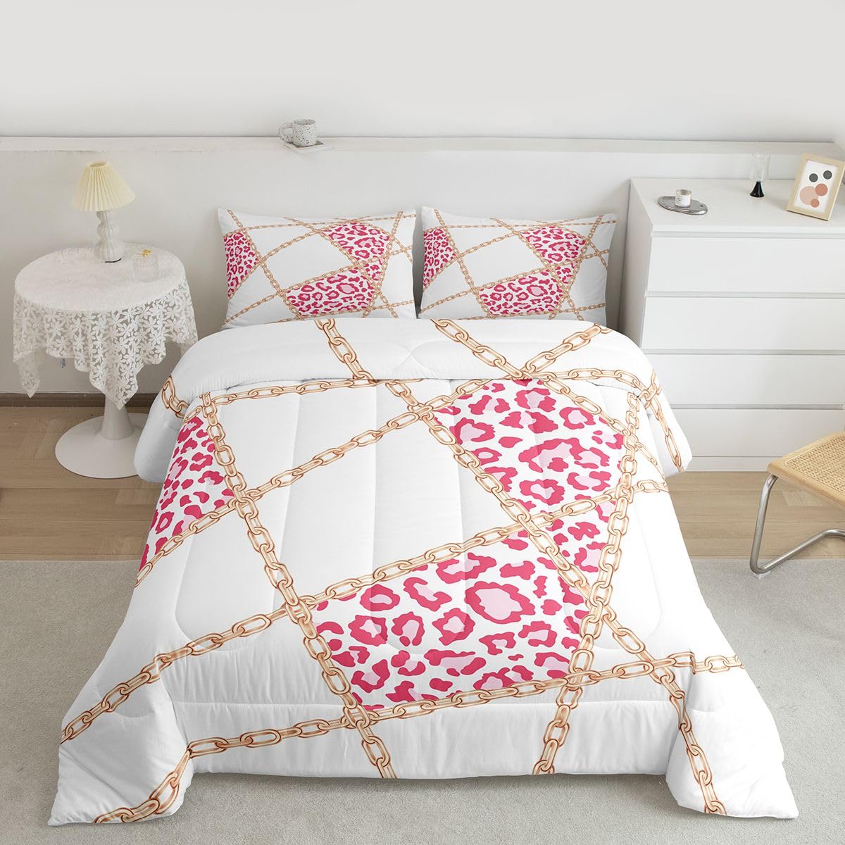 jejeloiu Leopard Comforter Set Queen Size Iron Chain Print Bedding Set for Kids Boys Girls Cheetah Cow Fur Duvet Quilt Animal Print Bedroom Decor Microfiber 3 Pcs with 2 Pillow Cases