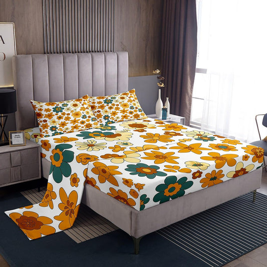 Castle Fairy Kids 70s Retro Flowers Fitted Sheet Set Full Size 4Pcs,Vintage Autumn Floral Bedding Set(1 Fitted,1 Flat,2 Pillows),Wavy Geometric Hippie Deep Pocket Bed Sheets for Girls Teens Room