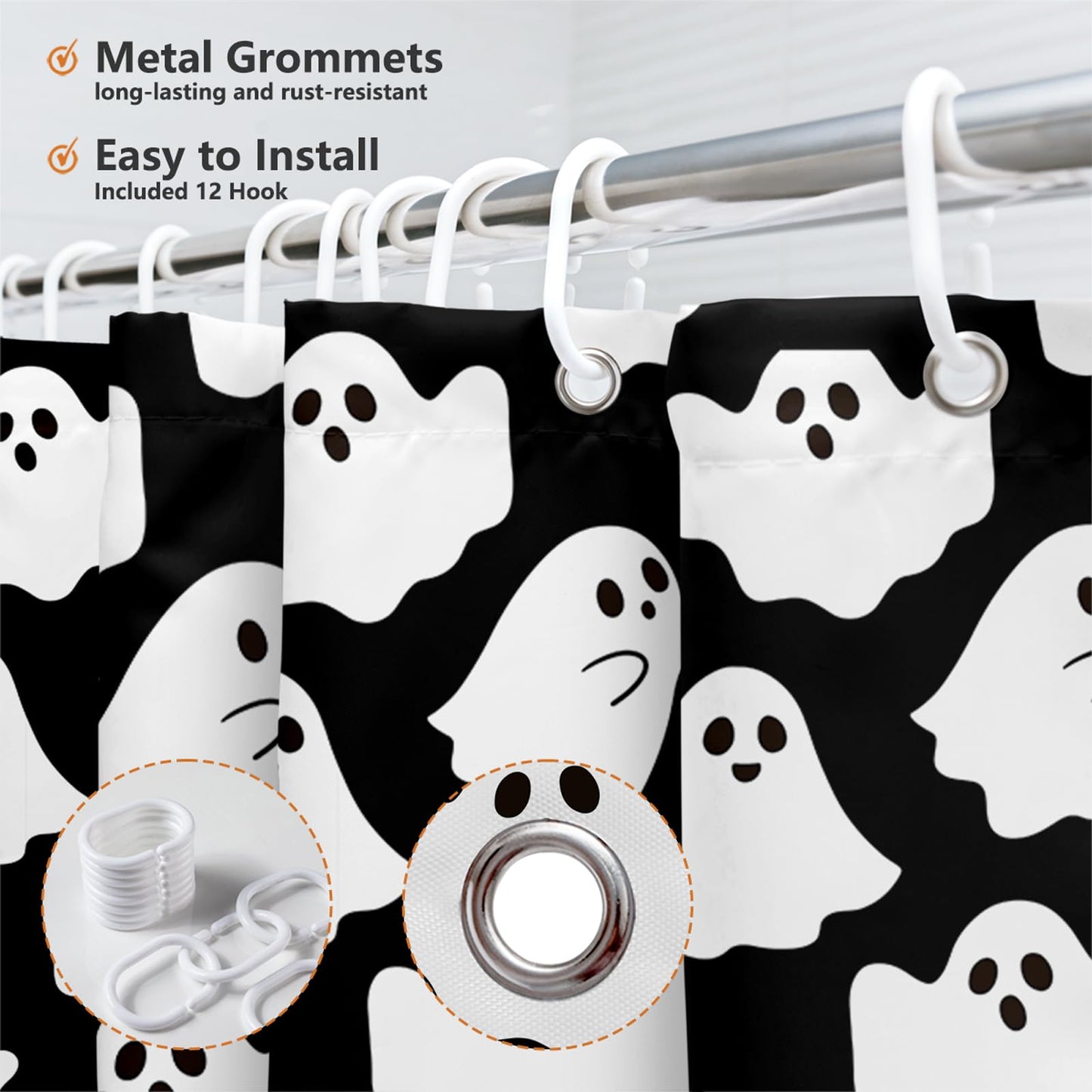 MEHOFOND Halloween Ghost Shower Curtain Cute Funny Cartoon Ghosts Bathroom Curtain Kids Black and White Spooky Skeleton Home Bathtub Decor Fabric Waterproof Bath Curtain with 12 Hooks 72x72 Inch