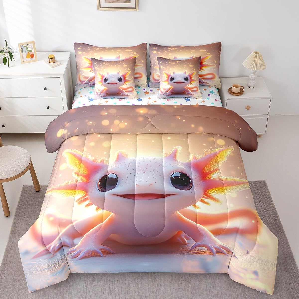 Feelyou Kids Cute Axolotl Comforter Set with Sheets Twin Size, Cartoon Salamander 7 Pieces Bedding Set Boys Girls Kawaii Animal Bed in A Bag Ocean Sealife Teens Bed Set Bedroom Decor 7Pcs