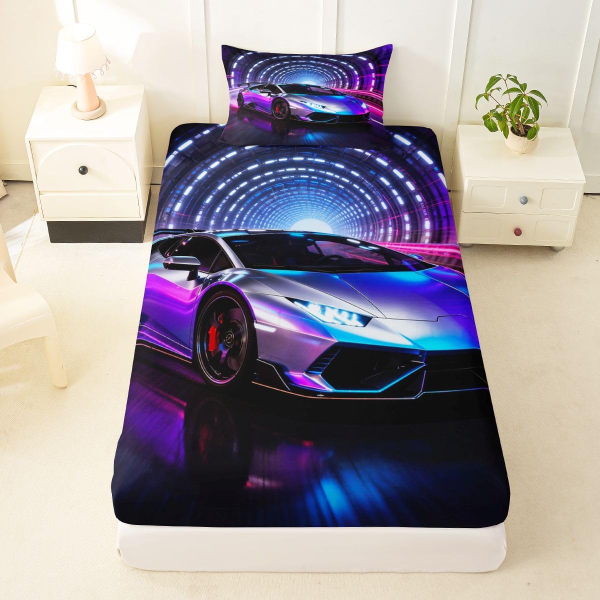 Feelyou Boys Race Car Fitted Sheet Twin Size for Kids Boys Girls Sports Racing Car Bed Sheets Set 16" Deep Pocket Soft Breathable Purple Racing Extreme Sports Bedding with 1 Pillowcase Room Decor