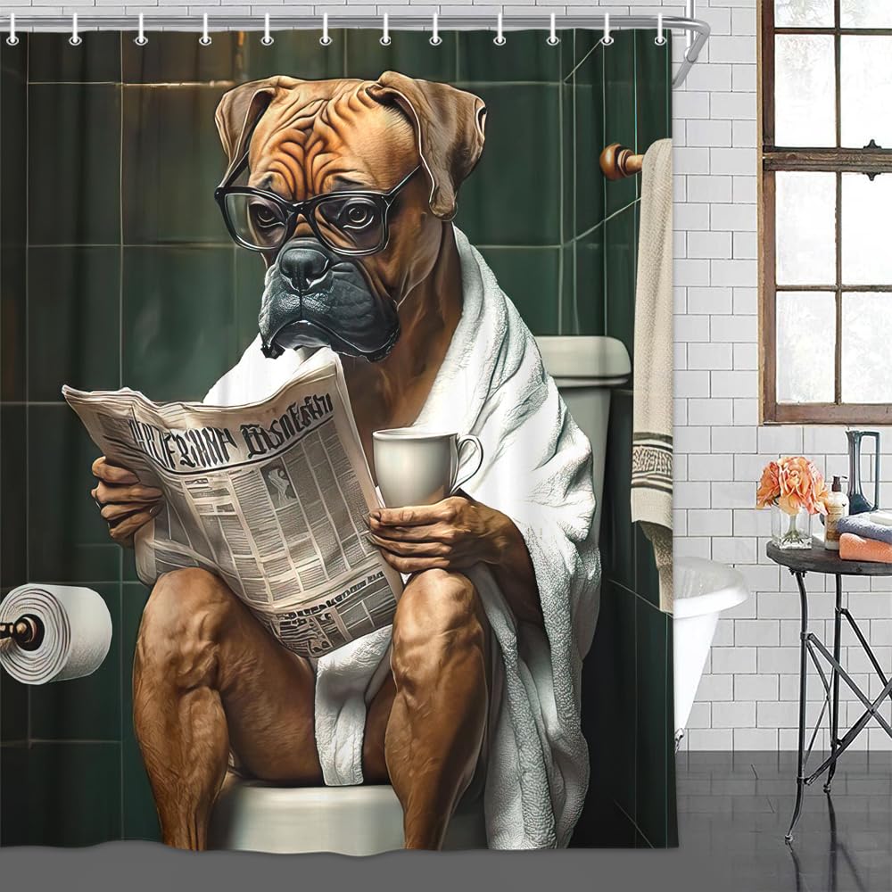 JAWO Funny Dog Bathroom Curtain, Cute Dogs Reading Newspaper on Toilet, Washable Cloth Kids Shower Curtain Set with 12 Hooks, 72X72
