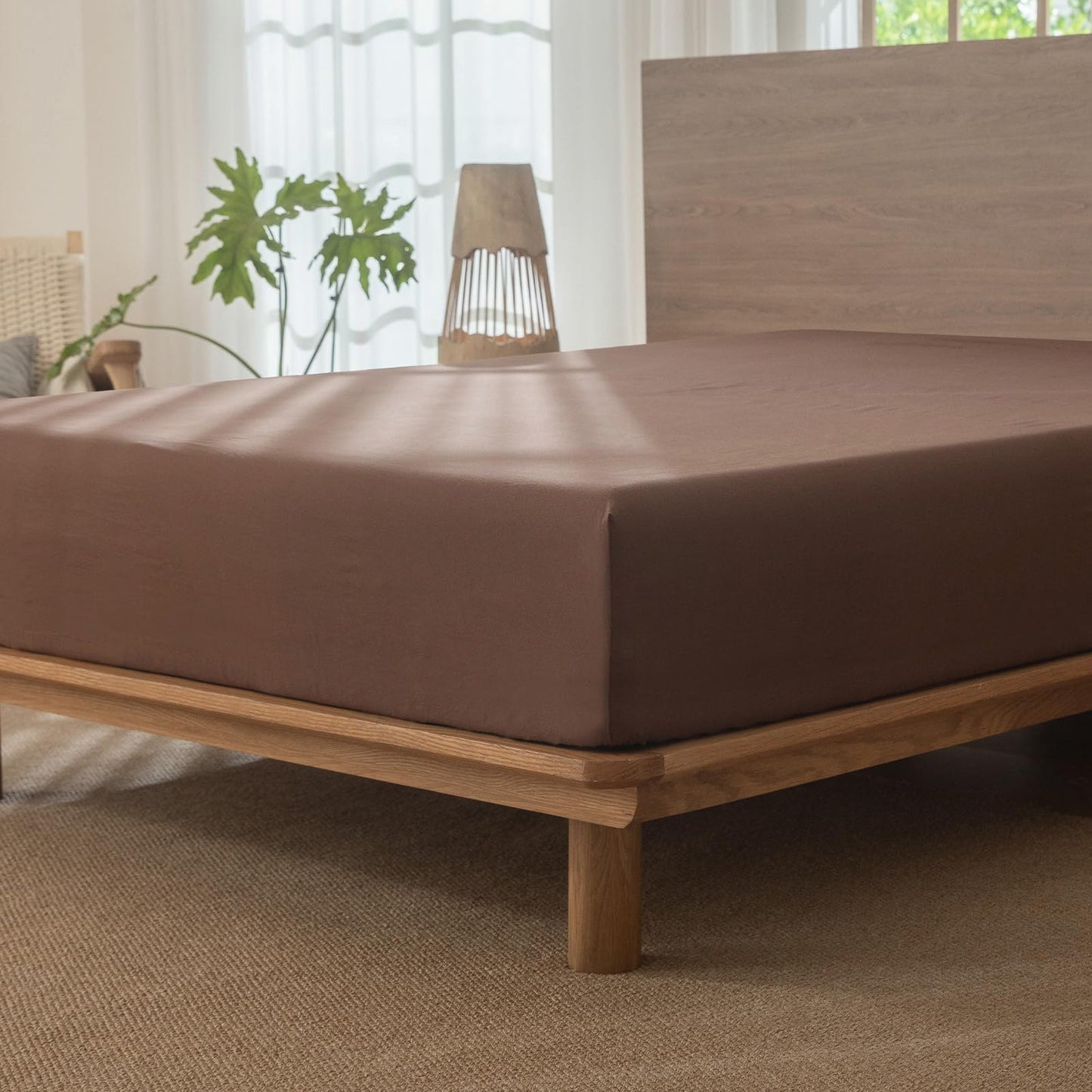MooMee Fitted Bottom Sheet Only 100% Washed Cotton Linen Like Textured Breathable Durable Soft Comfy Deep Pocket Fits Mattress up to 17" (Cocoa Brown, Queen)