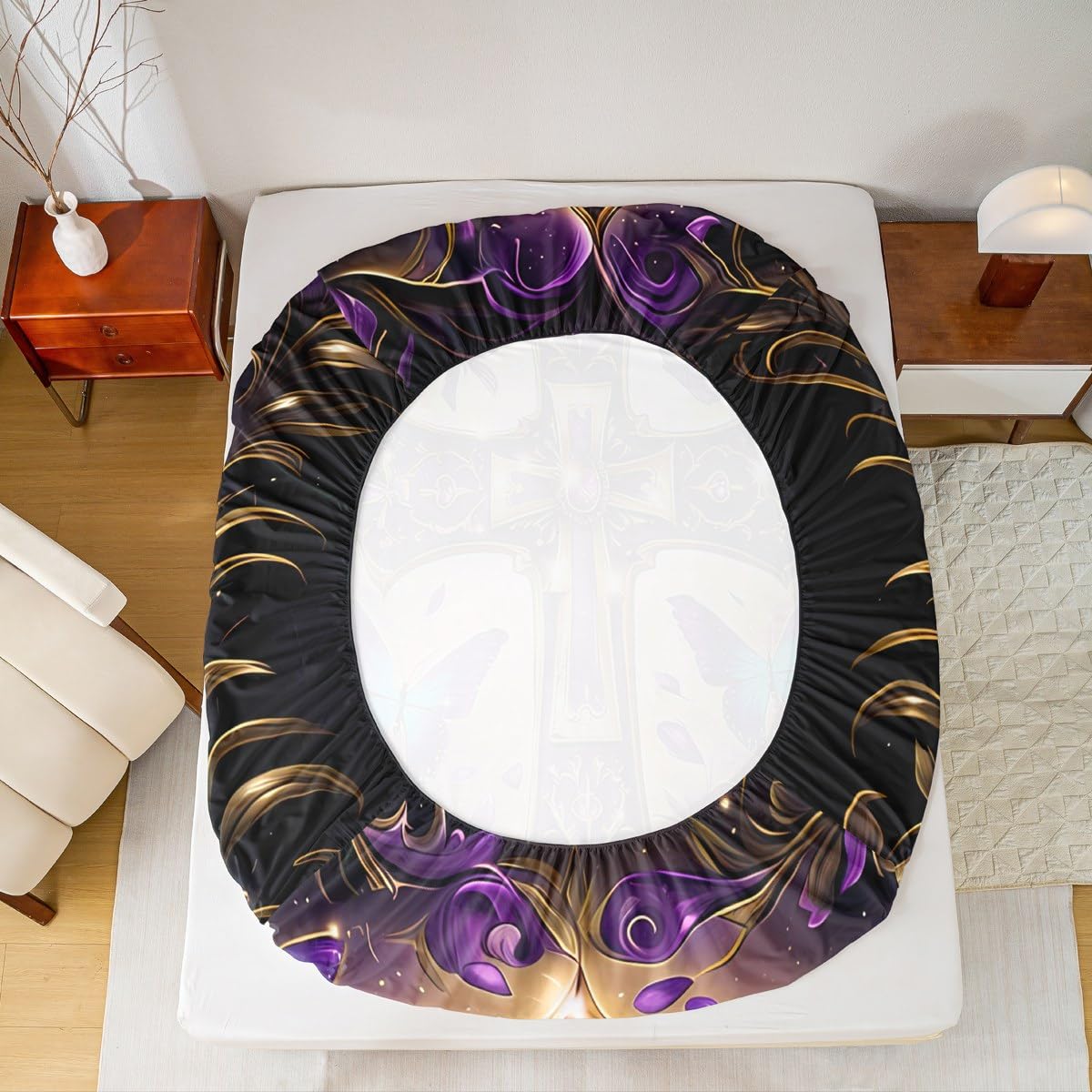 Erosebridal The Cross Theme Flat Fitted Sheet Full Patriotic Style Bedding Sets Butterfly Floral Bed Sheets Set for Men Women Adult,Purple Flower Bedding Sets for Bedroom Decor with 2 Pillow Cases