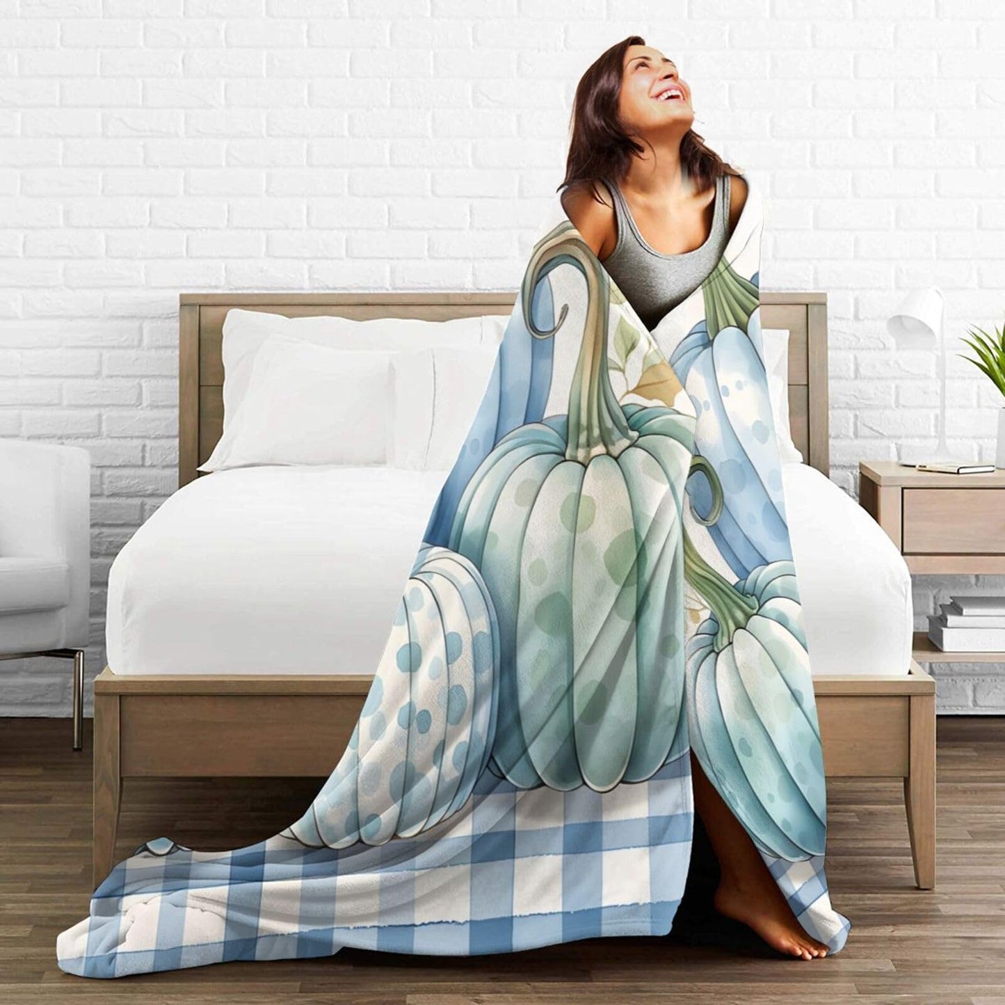 Blue Pumpkins White Gingham Throw Blanket for Couch Soft Blanket for Bed Bed Sofa Decor for Living Room Bedroom 60"X50"