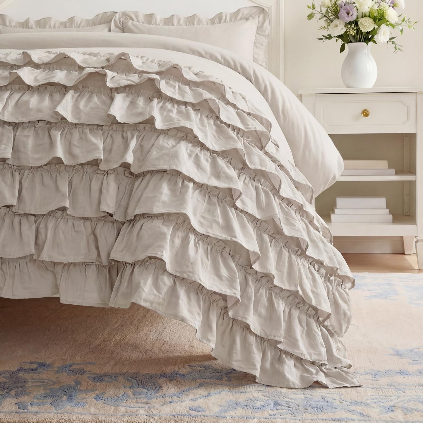 Bedorm 100% Cotton Duvet Cover Set King Beige Ruffle Bedding Set Multi-Layers Ruffled Design Shabby Chic Duvet Cover 3Pcs Soft Breathable Cotton Bed Set