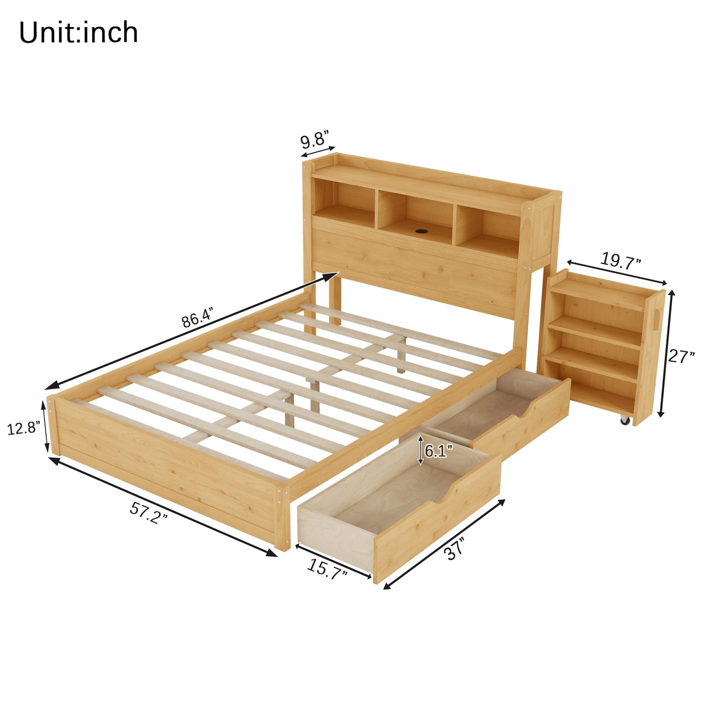 KEIKI Full Size Wood Platform Bed Frame with Storage Headboard & Pull Out Storage Cabinet & 2 Drawers, Modern Bed with Solid Slats & Socket, No Box Spring Required, Easy Assembly, for Bedroom, Natural