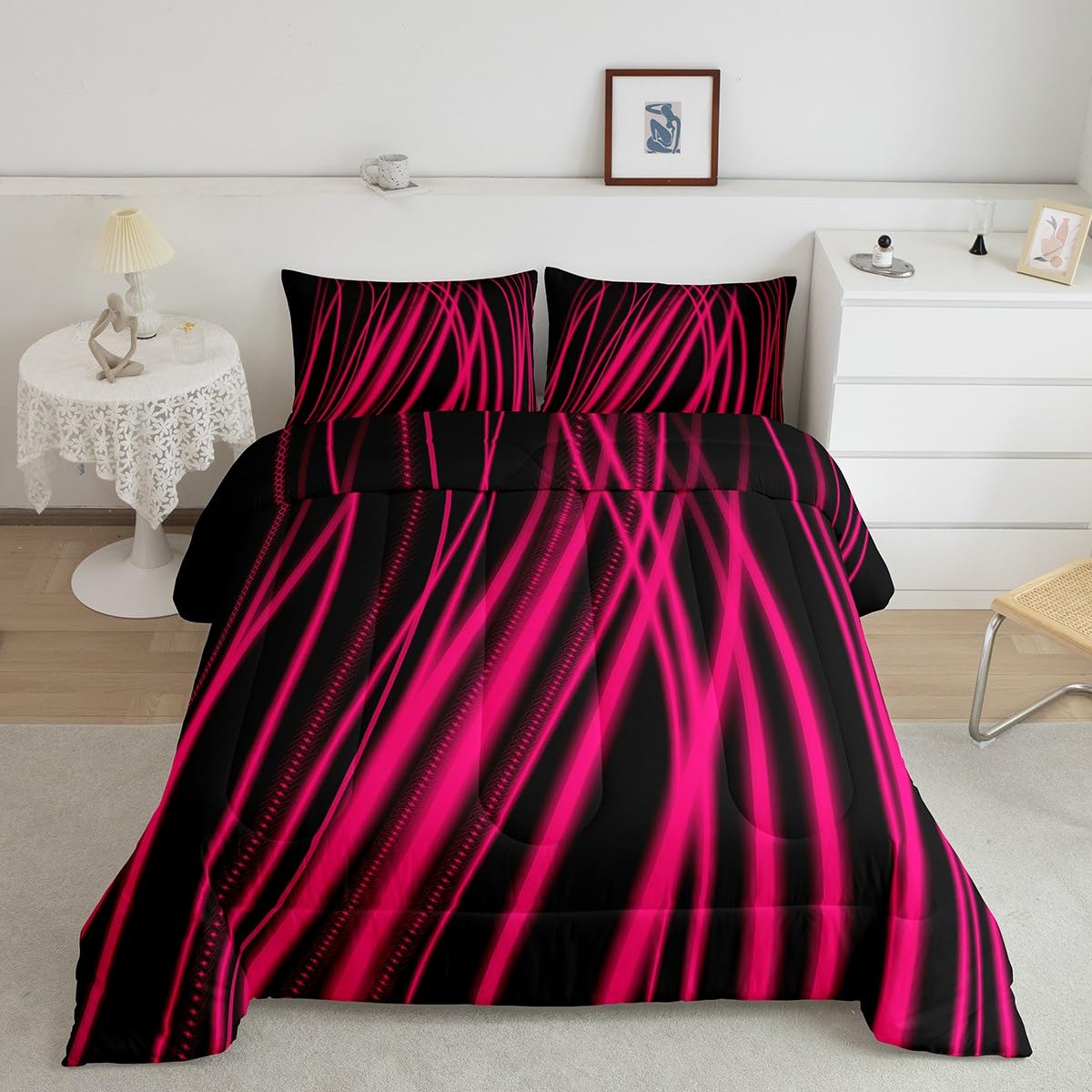 Feelyou Hot Pink Stripes Comforter Full Size Ombre Hot Pink Black Reversible Comforter Set for Boys Girls Children Abstract Bedding Set Room Decor Modern Art Duvet Set 3Pcs