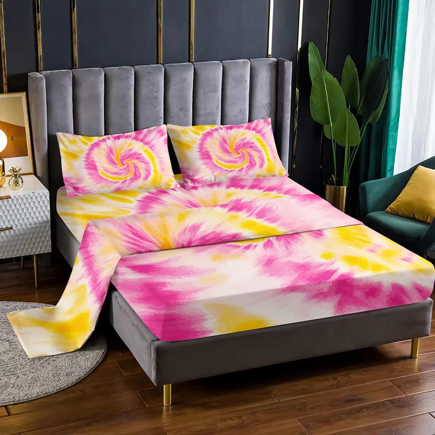 Nttopship Pink Tie-dye 4 Pieces Bed Sheet Sets Full Size Abstract Modern Art Bedding Sets with 16" Deep Pockets Graffiti Bedroom Decor,Bedding Set 4 PCS(1 Fitted+1 Flat+2 Pillowcases)