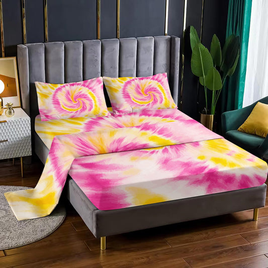 Nttopship Pink Tie-dye 4 Pieces Bed Sheet Sets Full Size Abstract Modern Art Bedding Sets with 16" Deep Pockets Graffiti Bedroom Decor,Bedding Set 4 PCS(1 Fitted+1 Flat+2 Pillowcases)