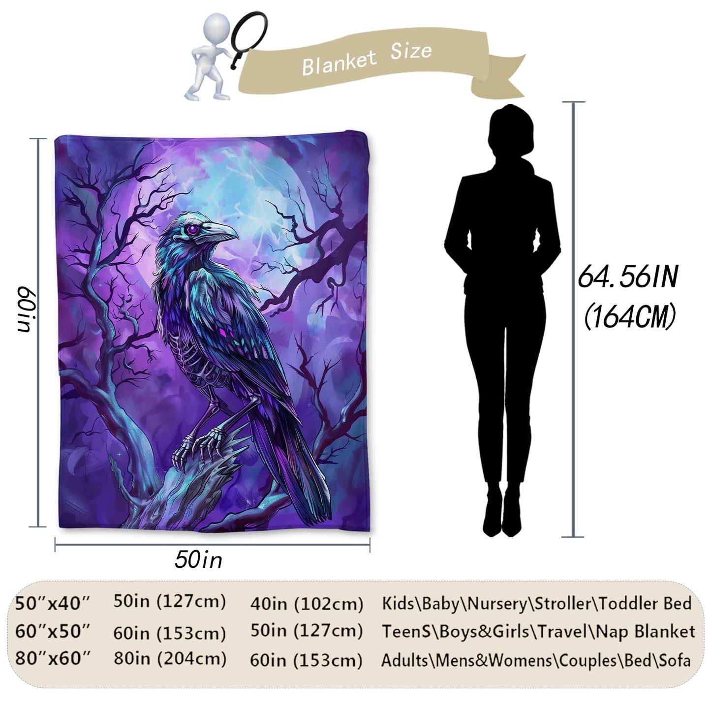 Ti Caldi Mystical Raven and Full Moon Blanket | Soft Warm Fuzzy Lightweight Flannel Throw Blanket for Couch, Bed, Halloween Decor, Travel & Outdoor Use, Cozy Blankets for Adults Women Men 60×50 in