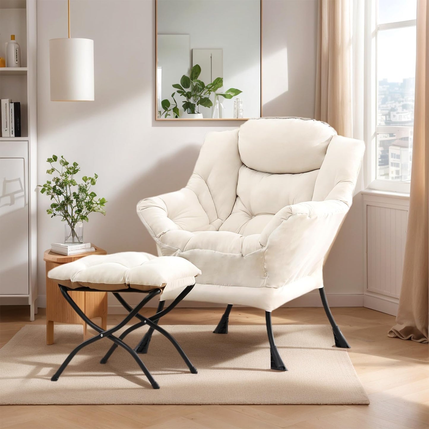 HomEastlly Lazy Chair with Ottoman, Large Beige Accent Chair with Ottoman, Comfy Reading Armchair, Leisure Sofa Chair for Living Room, Bedroom, Dorm Room, Office