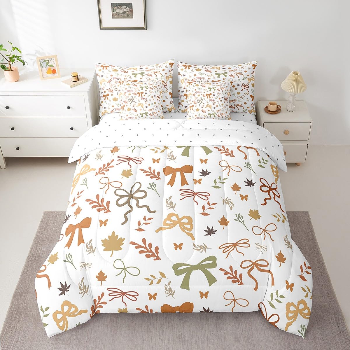 7 Pieces Fall Style Bow Comforter Set Full Size,Orange Green Bowknot Bedding Sets Kids Girls Boys Women Palm Leaves Rustic Boho Quilt + Fitted & Flat Sheets + 2 Cushion Cover + 2 Pillowcases