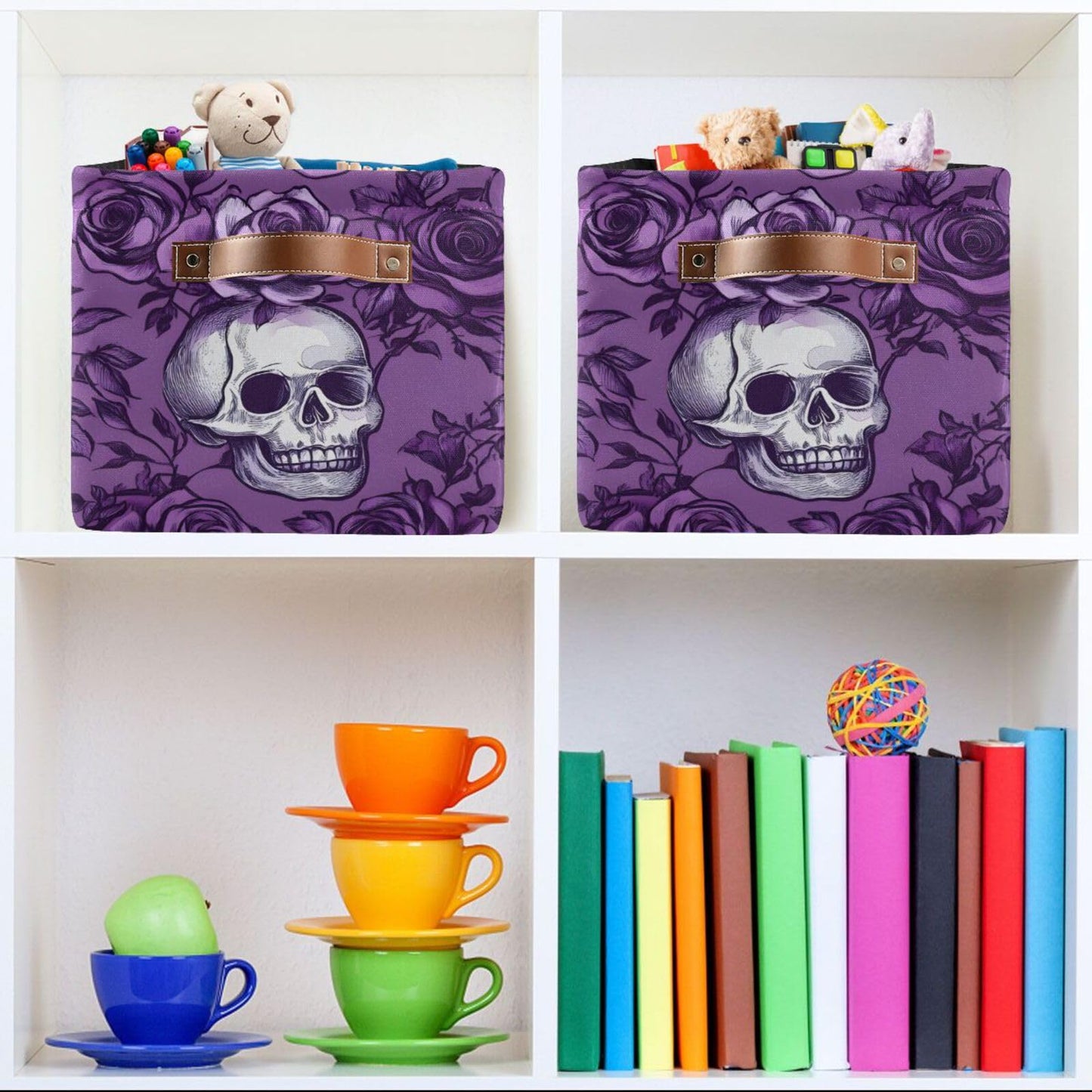 Purple Rose Skull Shelf Storage Baskets,Foldable Storage Bins with Handles,Rectangular Organizer Bin Gift Baskets Decor for Bedroom Home Office