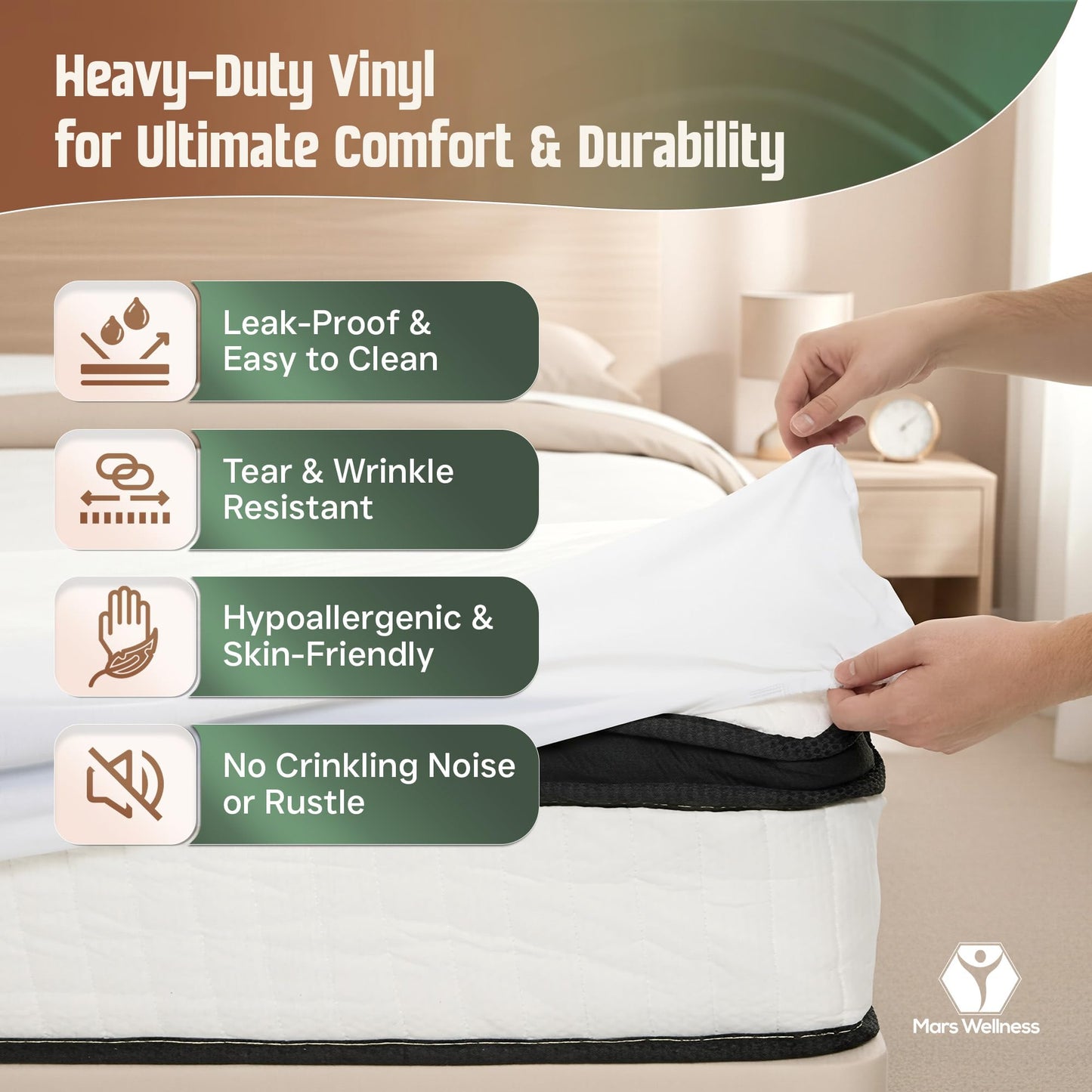 Mars Wellness Waterproof Vinyl Mattress Protector and Cover - Contoured Fitted White Mattress Cover Sheet - 1 Pack - Queen