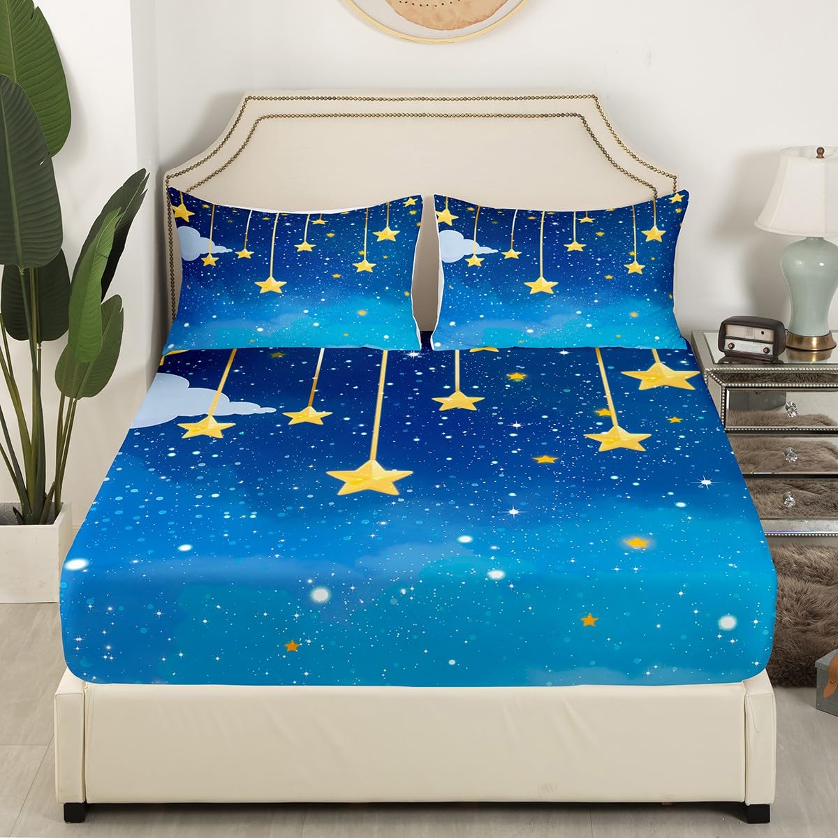 Galaxy Kids Fitted Sheet Full Size,Moon Night Starry Sky Romantic Bedding Set,Boys Girls Room Decor,Sparkling Sequins Print Bed Cover,Blue Yellow Bed Sheet,2 Pillowcases