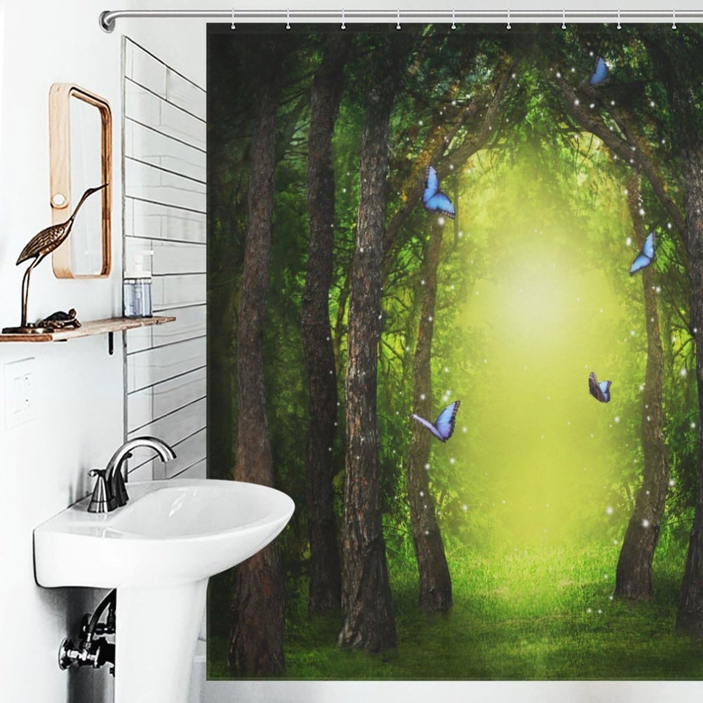 TYVGICZ Fantasy Forest Shower Curtain Fairy Tale Enchanted Woods Mystical Landscape Nature Butterfly Bath Curtains for Bathroom Decor Polyester Fabric，66x72 Inch