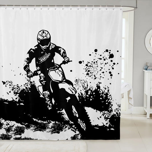 Feelyou Motorcycle Fabric Shower Curtain Black Graffiti Shower Curtain for Kids Boys Girls Dirt Bike Bathroom Waterproof Accessories with 12 Hooks Extreme Sports Theme Curtains,72x84 Inches