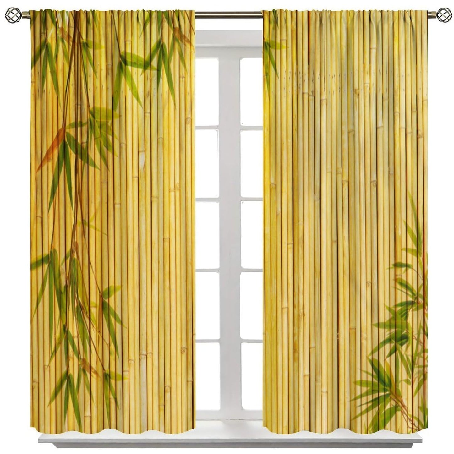 TYVGICZ Bamboo Printed Curtains, Yellow Bamboo Tree Traditional Chinese Japanese Style Asian Calligraphy Style Culture Theme Window Treatments for Living Room Bedroom Drapes42x45 Inch