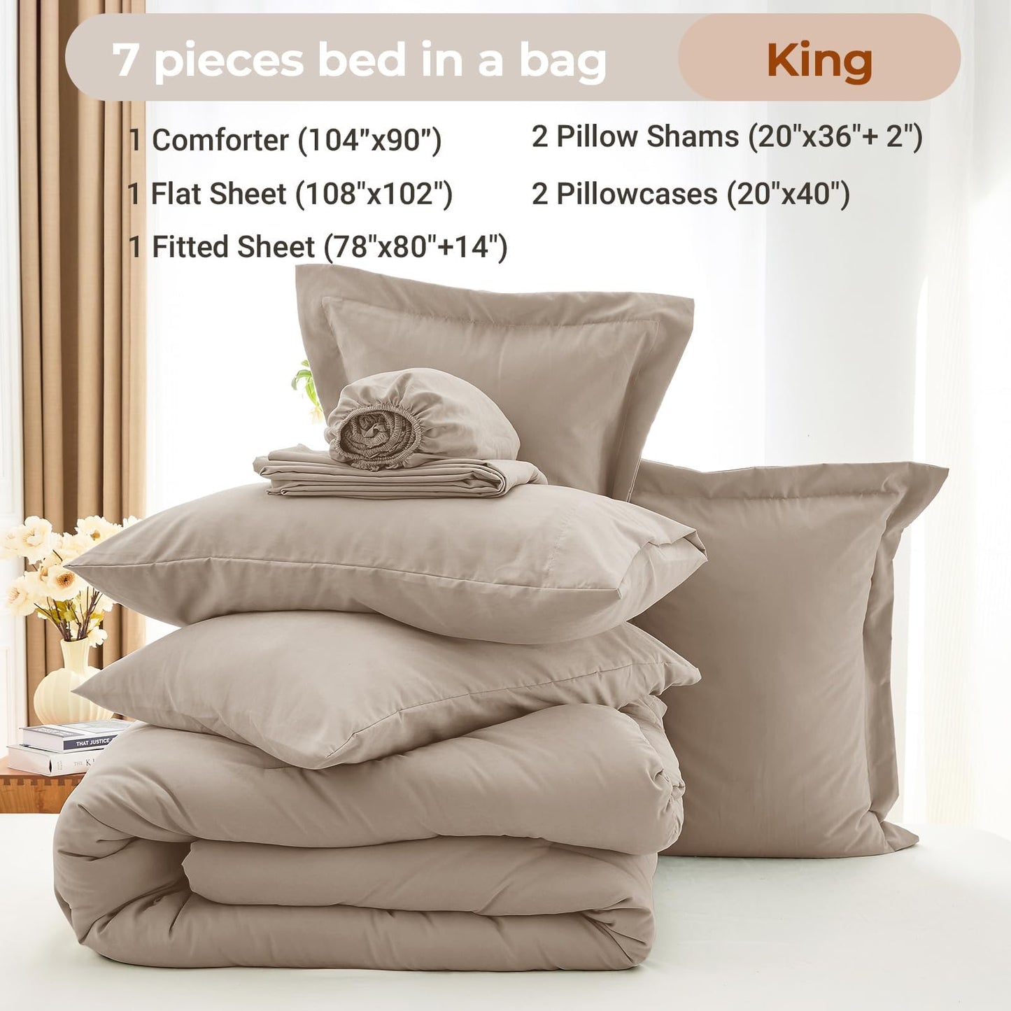 MUXHOMO 7 Pieces King Comforter Set, Soft Bed in a Bag King Size, All Season Bedding Set with Comforter, Flat Sheet, Fitted Sheet, Pillowcases & Shams, Linen