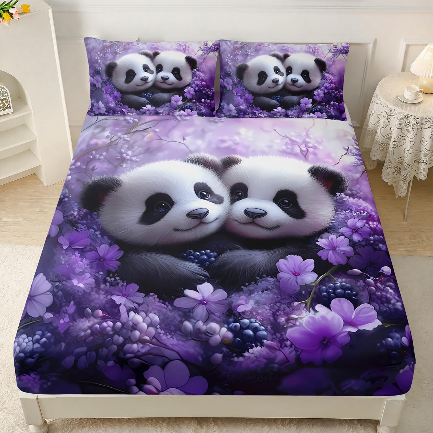 HOSIMA Panda Fitted Sheet Full for Girls Room Decor,Pandas Hugging Each Other in Flowers Field Printed Animal Bedding for Kids Boys,1 Fitted Sheet+2 Pillowcases.