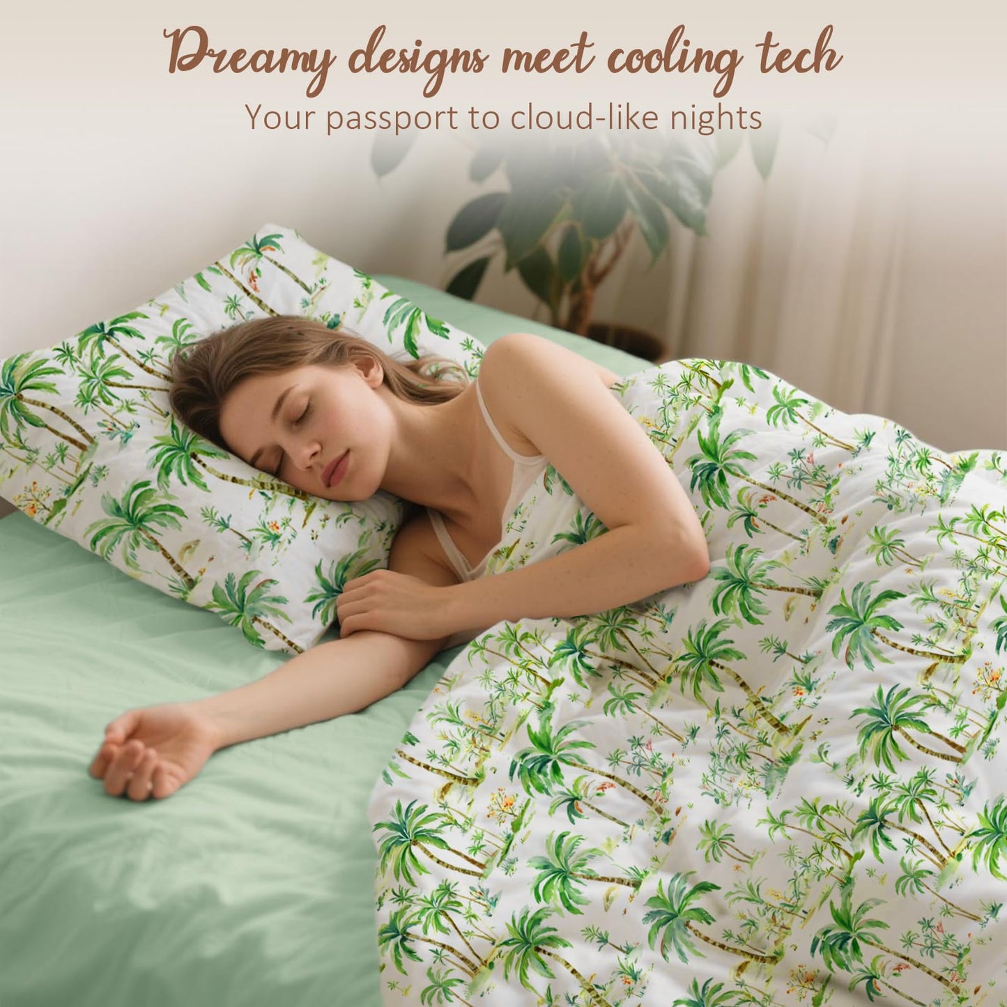 LONAVA Tropical Queen Size 6 Pcs Sheet Set, Breathable Microfiber Deep Pocket Sage Green Fitted Sheets, Comfy & Breathable Patterned Flat Sheets,4 Gentle Soft Pillowcases, Summer Tree
