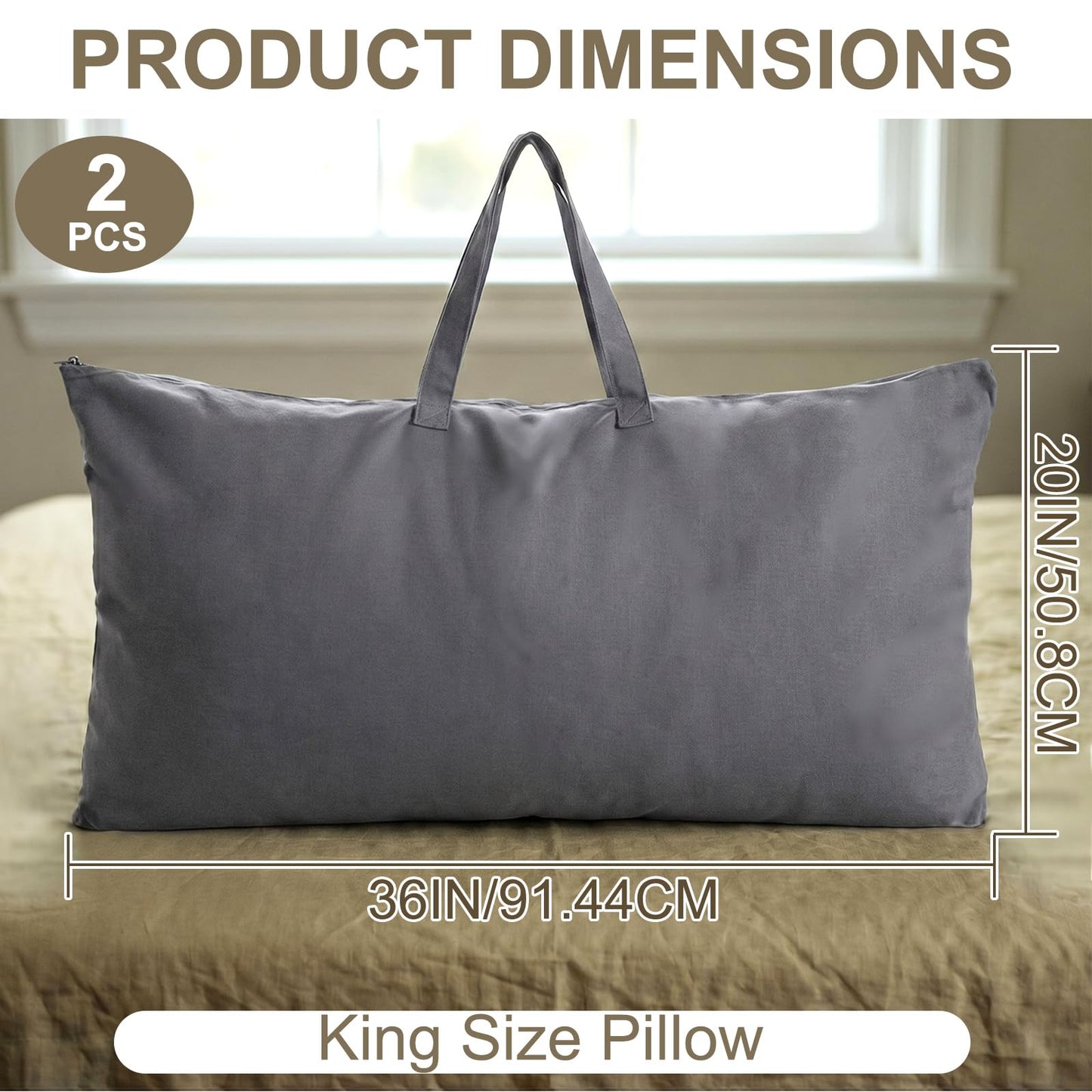 GliCraft 2 Pack 100% Cotton 20"x 36" Grey Canvas Travel Pillow Storage Bag with Handles for Home Travel Beddings Comforters Blankets Saree Linens Organizer Thick Soft Breathable Closet Bags