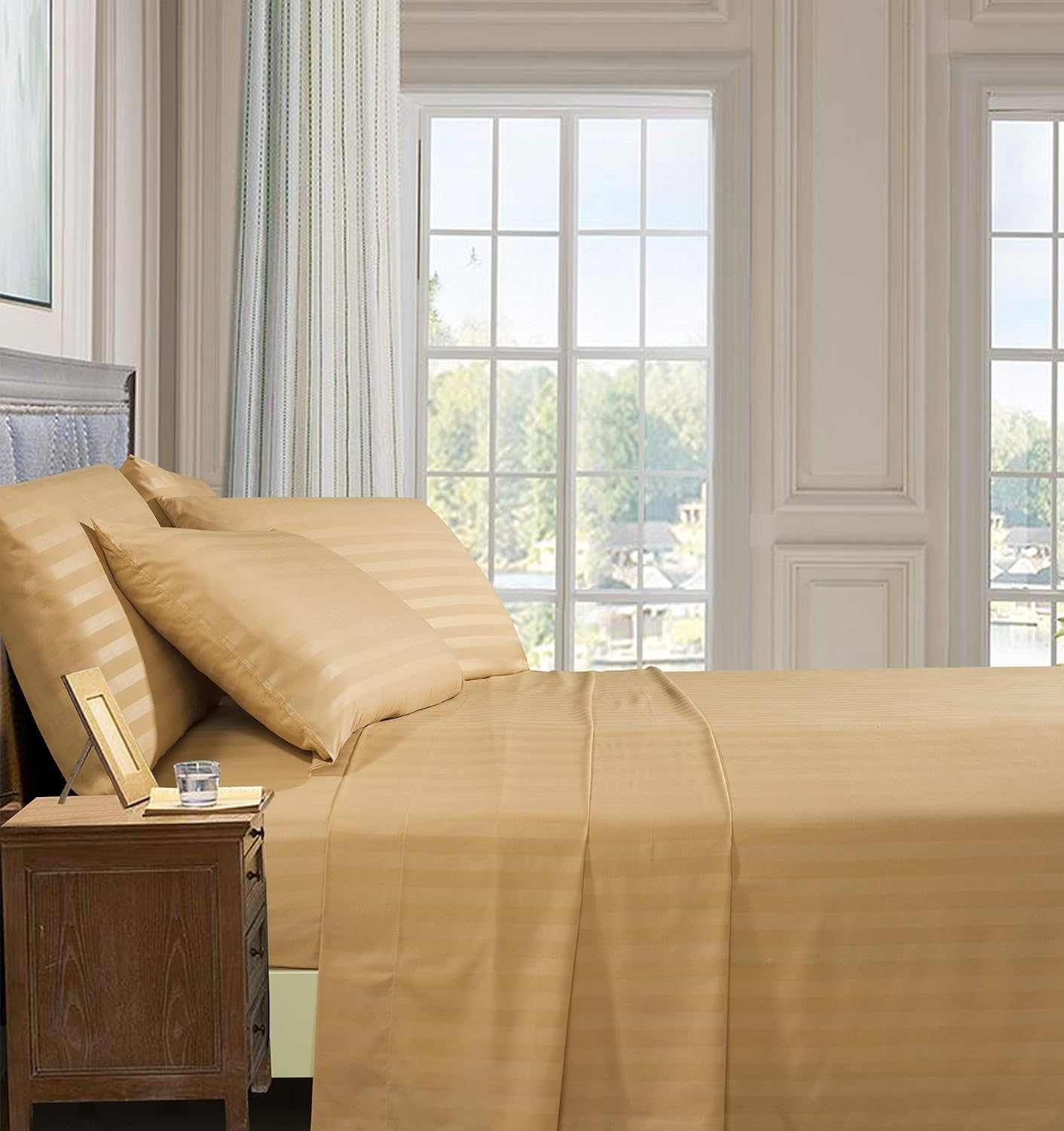 Elegant Comfort Luxury Soft Bed Sheets Dobby Stripe 1500 Premium Hotel Quality Microfiber Softness Wrinkle and Fade Resistant (4-Piece) Bedding Set, Twin XL, Stripe Medallion Gold