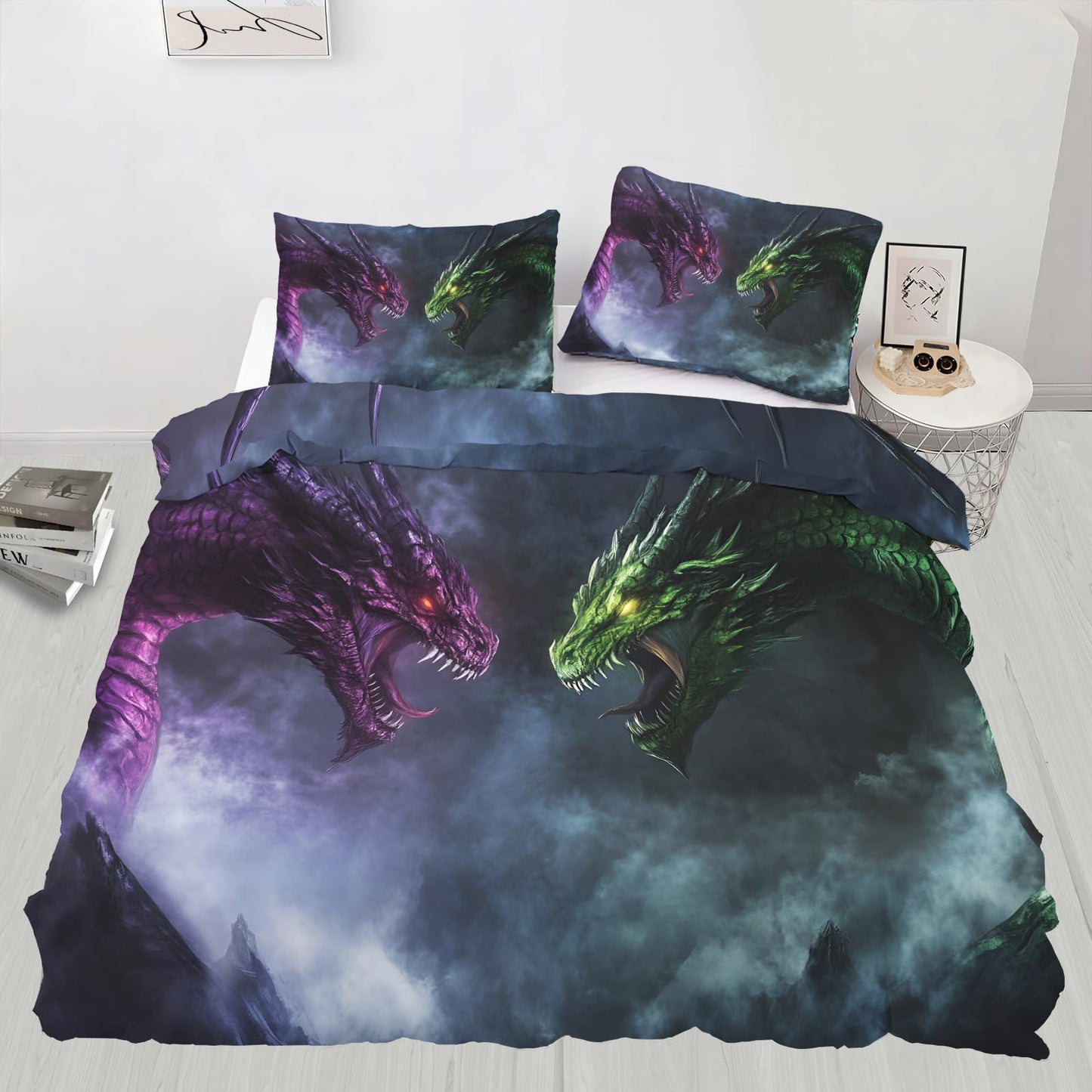 PAISUOQ Duvet Cover Queen Size - Fantasy Dragon Bedding & Home Decor, Mysterious Animals Comforter Cover with 2 Pillow Shams & Zipper, Microfiber & Easy Care, Purple Green Dragon Gifts