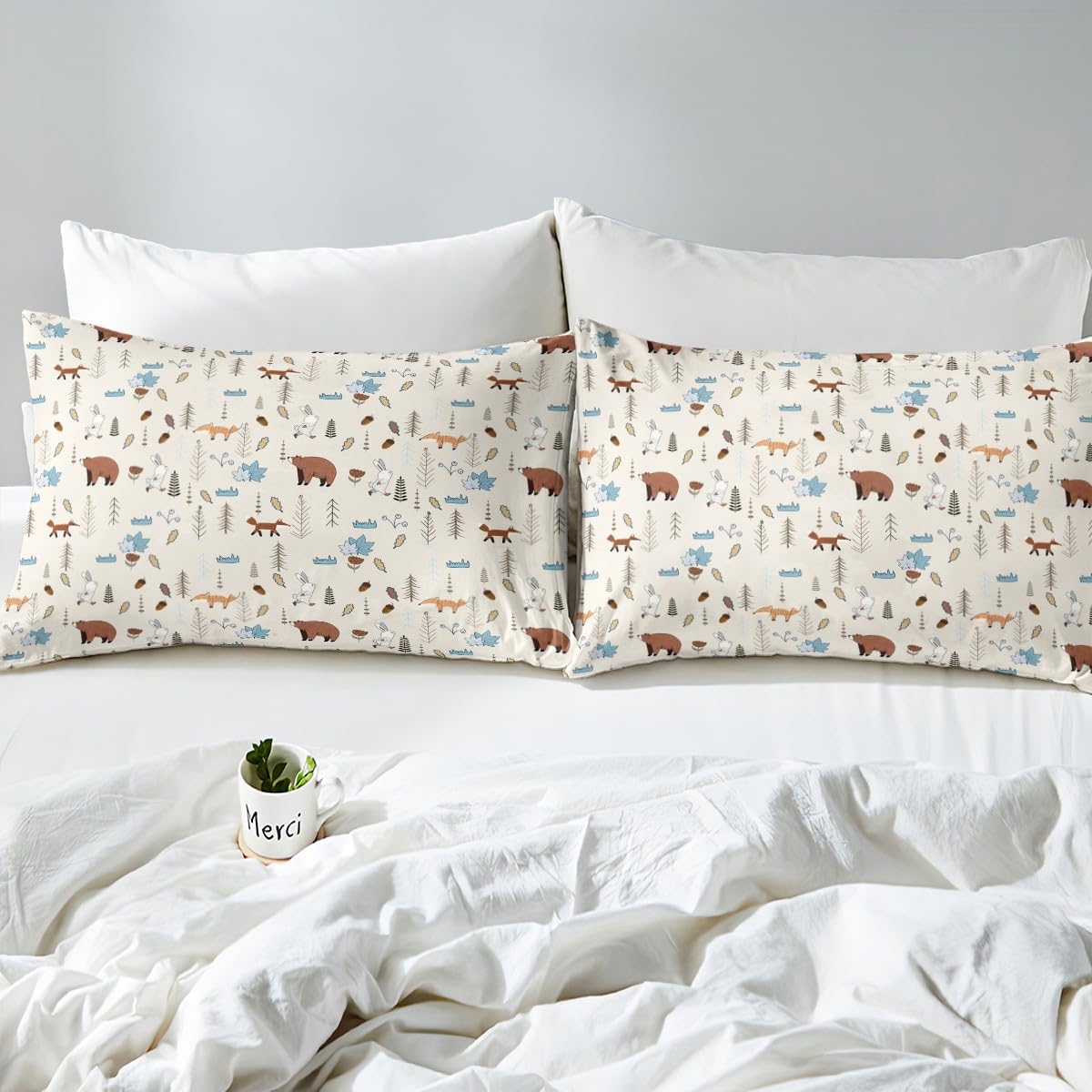 Kids Bear Fox Fitted Sheet Twin Size Cartoon Rabbit Pine Trees Bedding Set 2Pcs,Girls Boys Teens Jungle Adventure Hunt Animals Bed Sheet Room Decor Rustic Beige Deep Pocket Sheet,1 Pillowcase