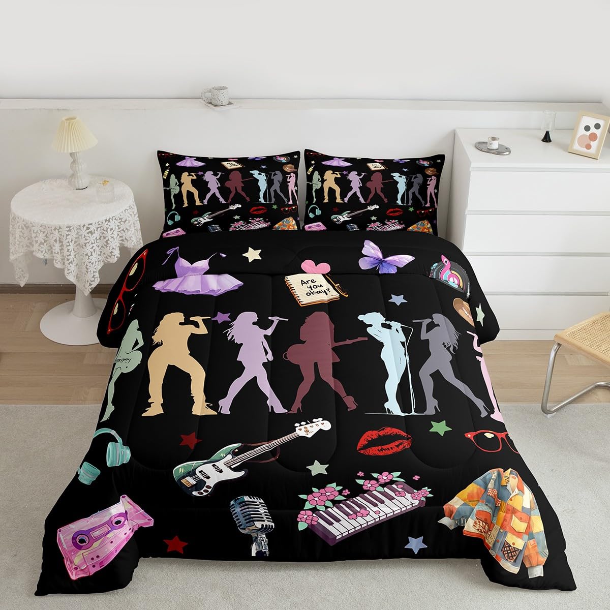 Erosebridal Music Theme Bedding Set Full Girls Singer Comforter Set for Kids Boys Girls Black Musicl Aesthetics Bedding Comforter Sets Music Lovers Gifts Quilt Duvet