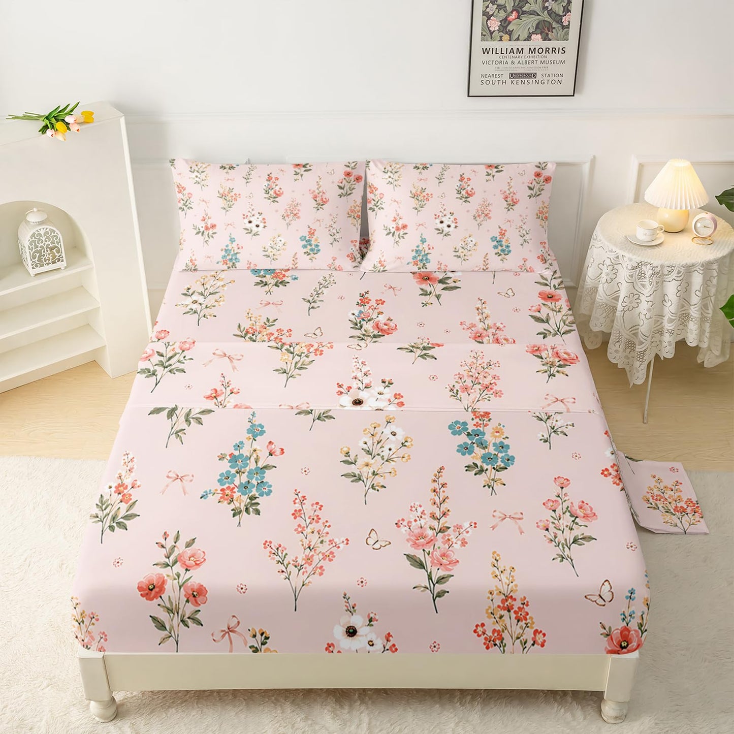 QOOMO Floral Sheet Set,Pink Floral Kids Bed Sheets,Pink Flower Printed 16" Deep Pocket Bed Sheet Set for Girls/Kids/Teens，4 Piece Sheet Set, 1 Fitted Sheet,1 Flat Sheet and 2 Pillowcases，Twin Size