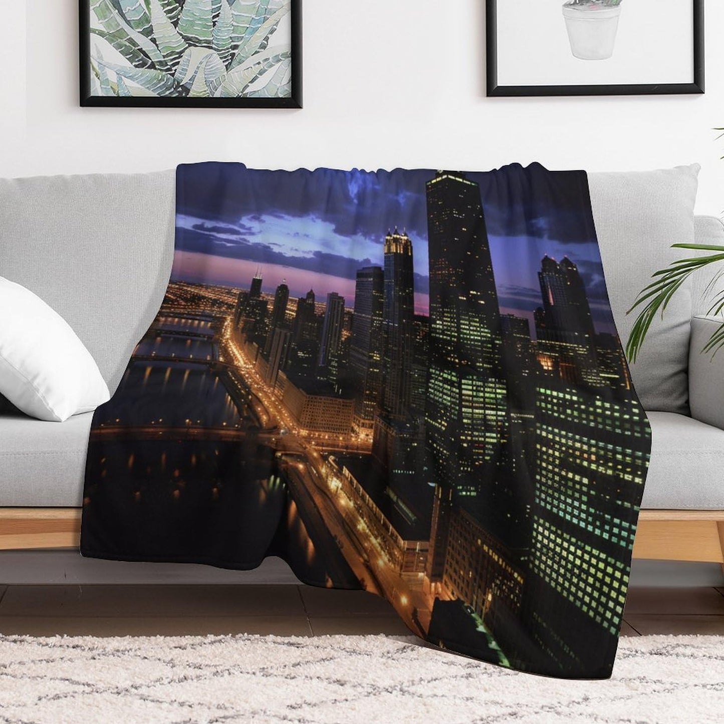 HDESDIS Night City Landscape Throw Blanket, Soft Cozy Chicago Skyline Skyscraper Blanket for Couch, Sofa, Bed, Warm Decorative Blanket for Women and Men, 50"x60"