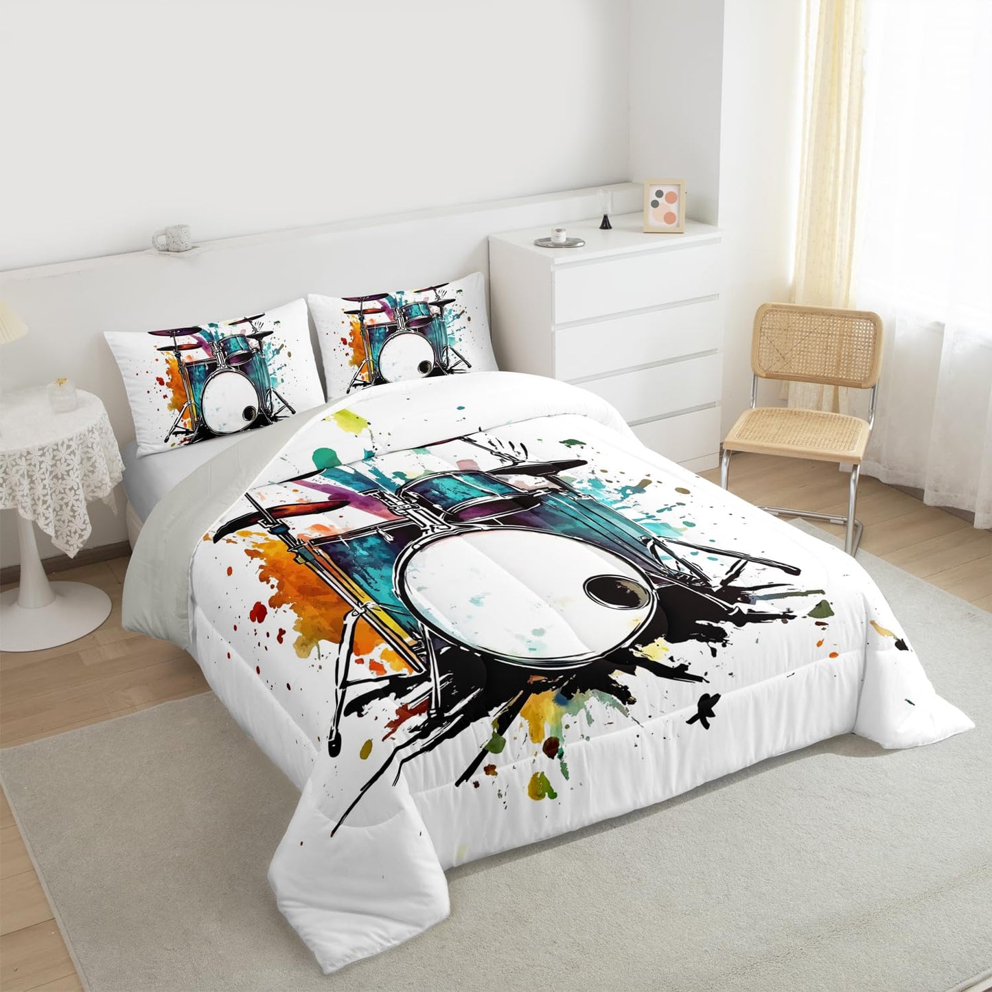 Erosebridal Drum Kit Kids Comforter Sets Rock Music Instrument Queen Bedding Set for Boys Girls Watercolor Drum Kit Comforter Set,Music Theme Quilt Duvet 3 Pcs