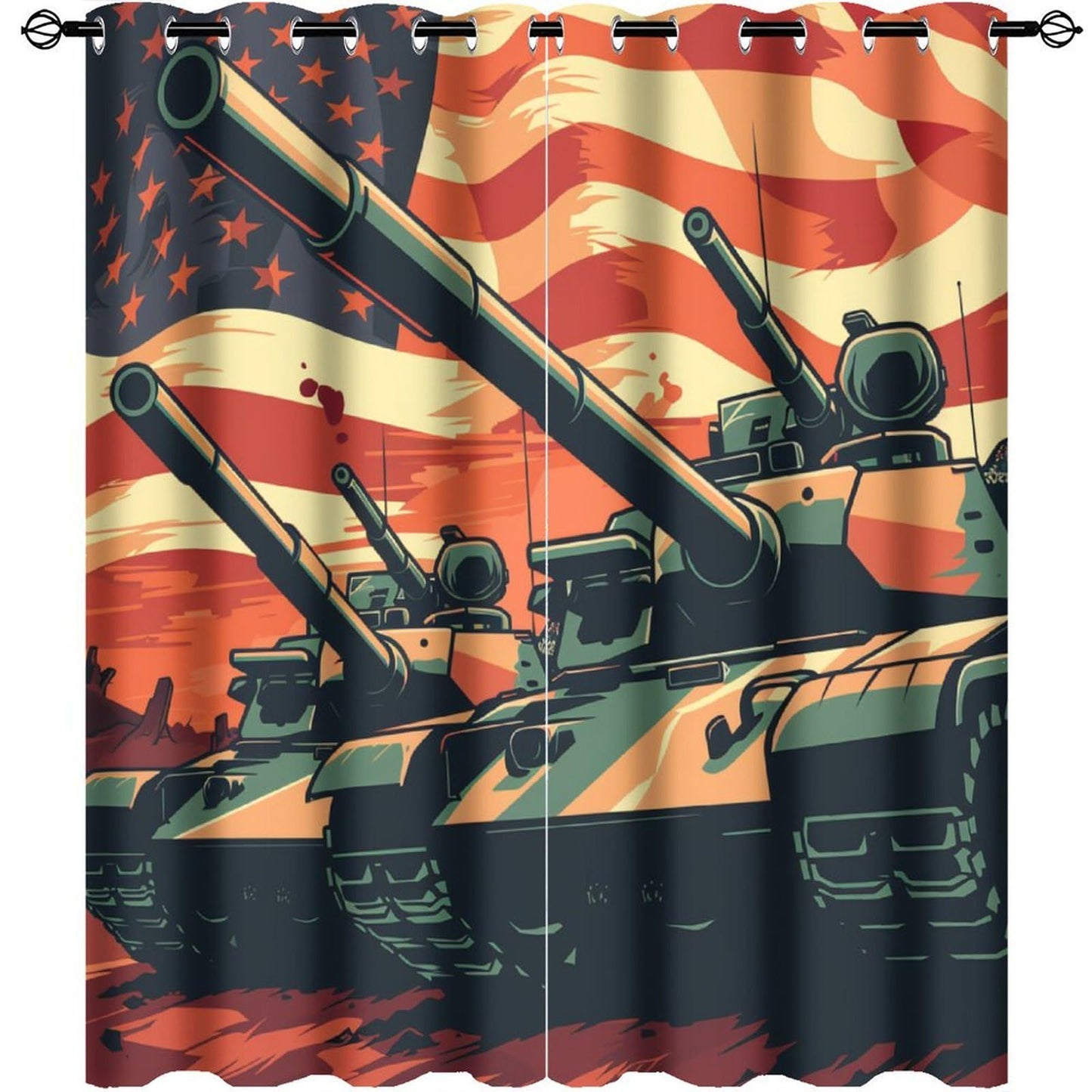TOWINSFB Vintage Tank USA Flag Blackout Curtains for Bedroom/Living Room, American Patriotic Military War Theme Grommet Curtains Thermal Insulated Window Drapes, 2 Panels, Each 21W x 45L