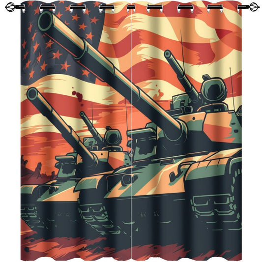 TOWINSFB Vintage Tank USA Flag Blackout Curtains for Bedroom/Living Room, American Patriotic Military War Theme Grommet Curtains Thermal Insulated Window Drapes, 2 Panels, Each 21W x 45L