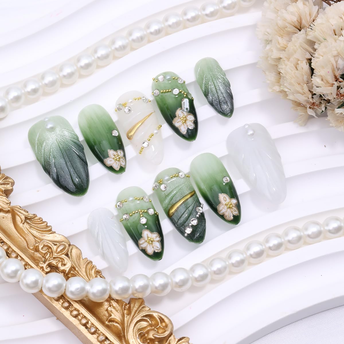 10Pcs Handmade Press on Nails Medium Almond Fake Nails Gold Flower with Rhinestones Full Cover Glue on Nails Spring False Nails Gradient Dark Green Press ons Stick on Nails for Women Acrylic Manicure