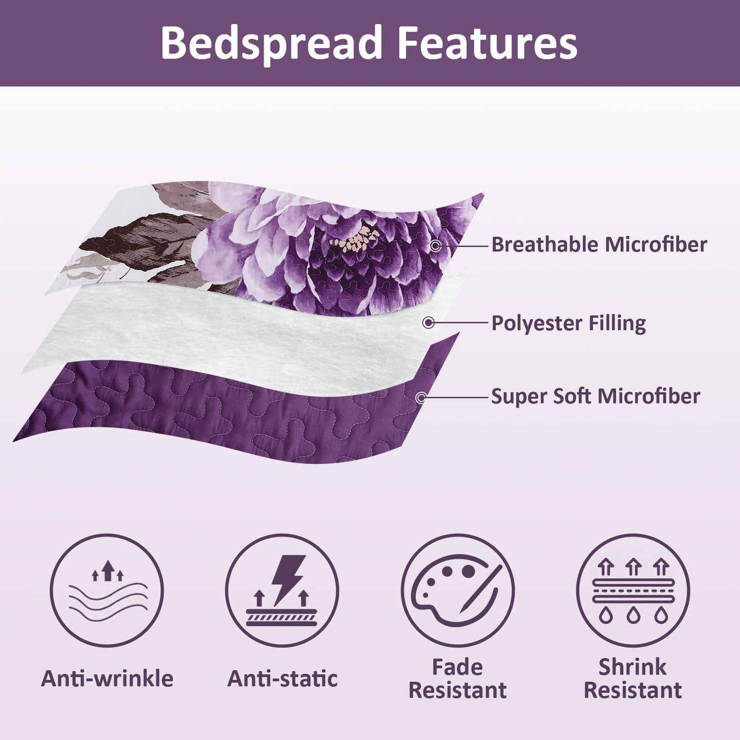 WONGS BEDDING Floral Quilt Set Purple Queen,Quilted Printed Lightweight Bedspread Bedding Set for All Season,3 Pieces Reversible Botanical Plant Coverlet Set with 2 Pillow Shams