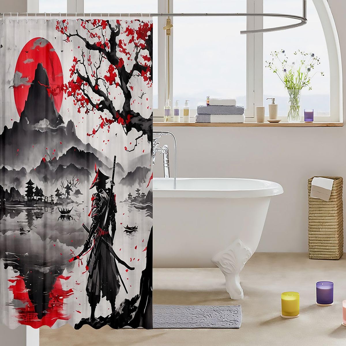 jejeloiu Samurai Shower Curtain for Bathroom Decor Japanese Style Bath Curtain for Stalls Bathtubs Sunset Bathroom Accessories Waterproof Polyester Fabric with 12 Hooks 72"x72"